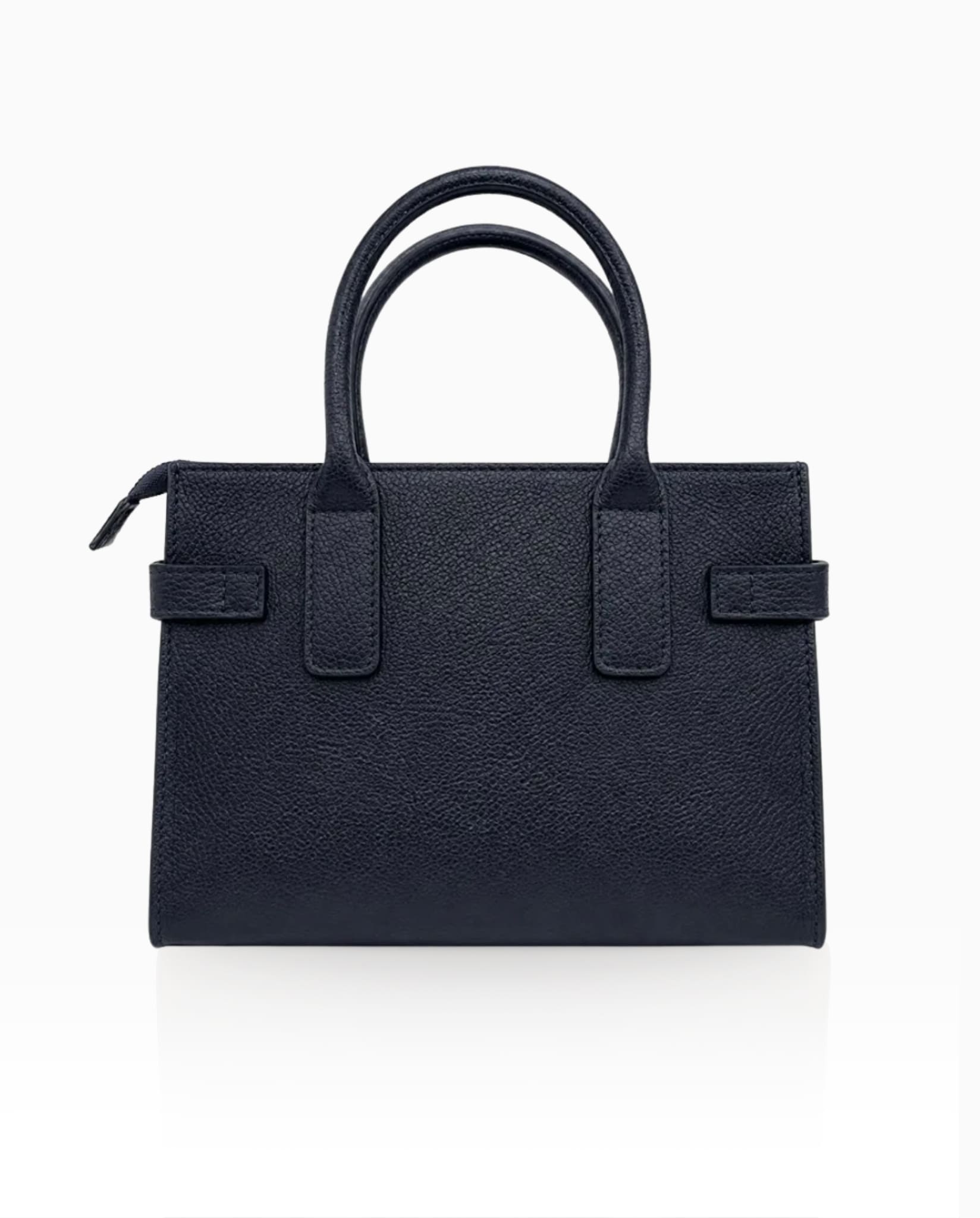Classic navy leather handbag with structured silhouette and top handles.