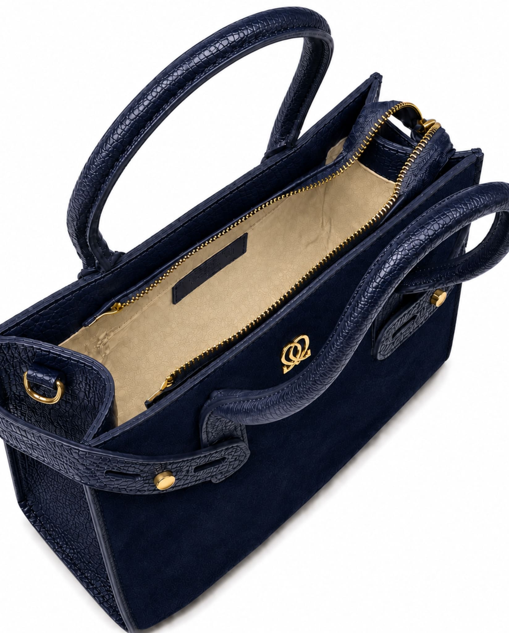 Navy leather handbag with gold-tone hardware and zippered interior compartment.
