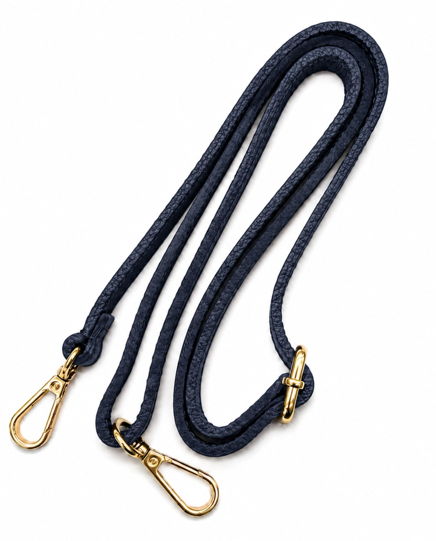 Detachable navy shoulder strap with gold-tone clasps.
