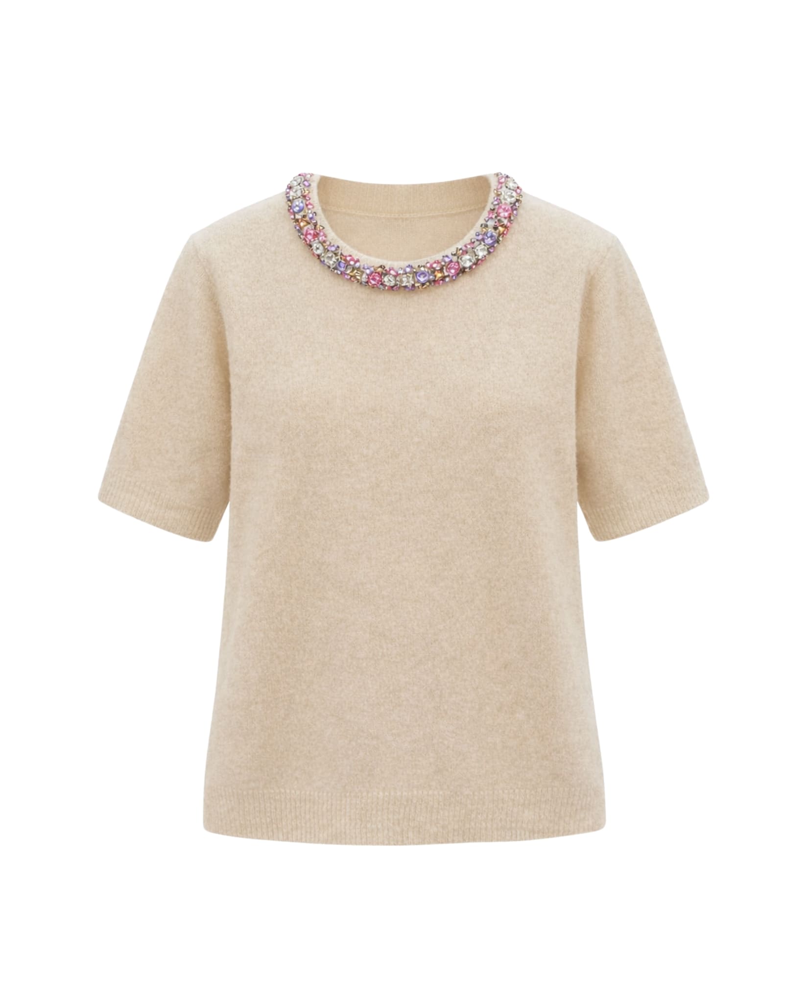 Beige knit top with crystal embellished collar.