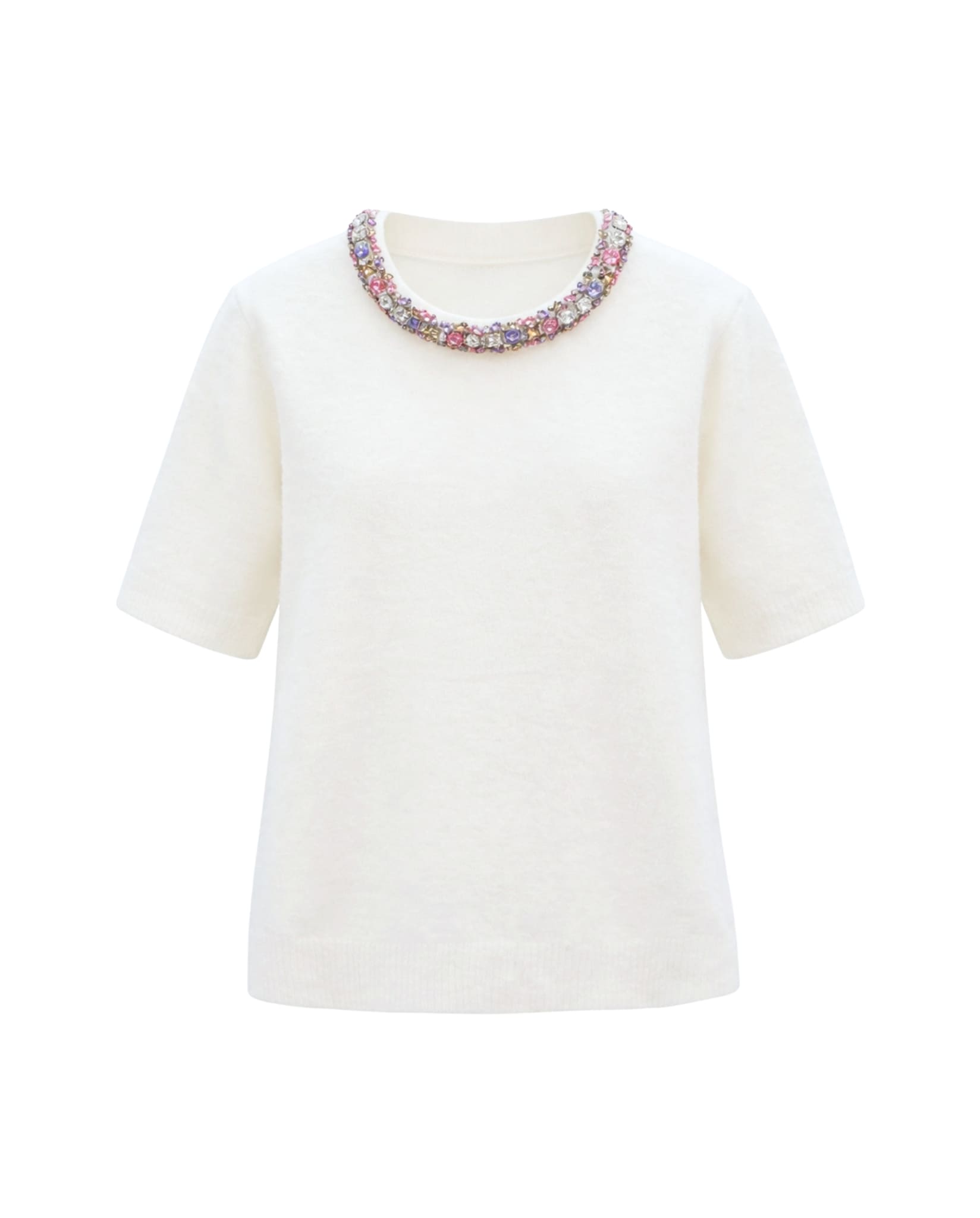 White knit top with multicolor crystal collar detail.