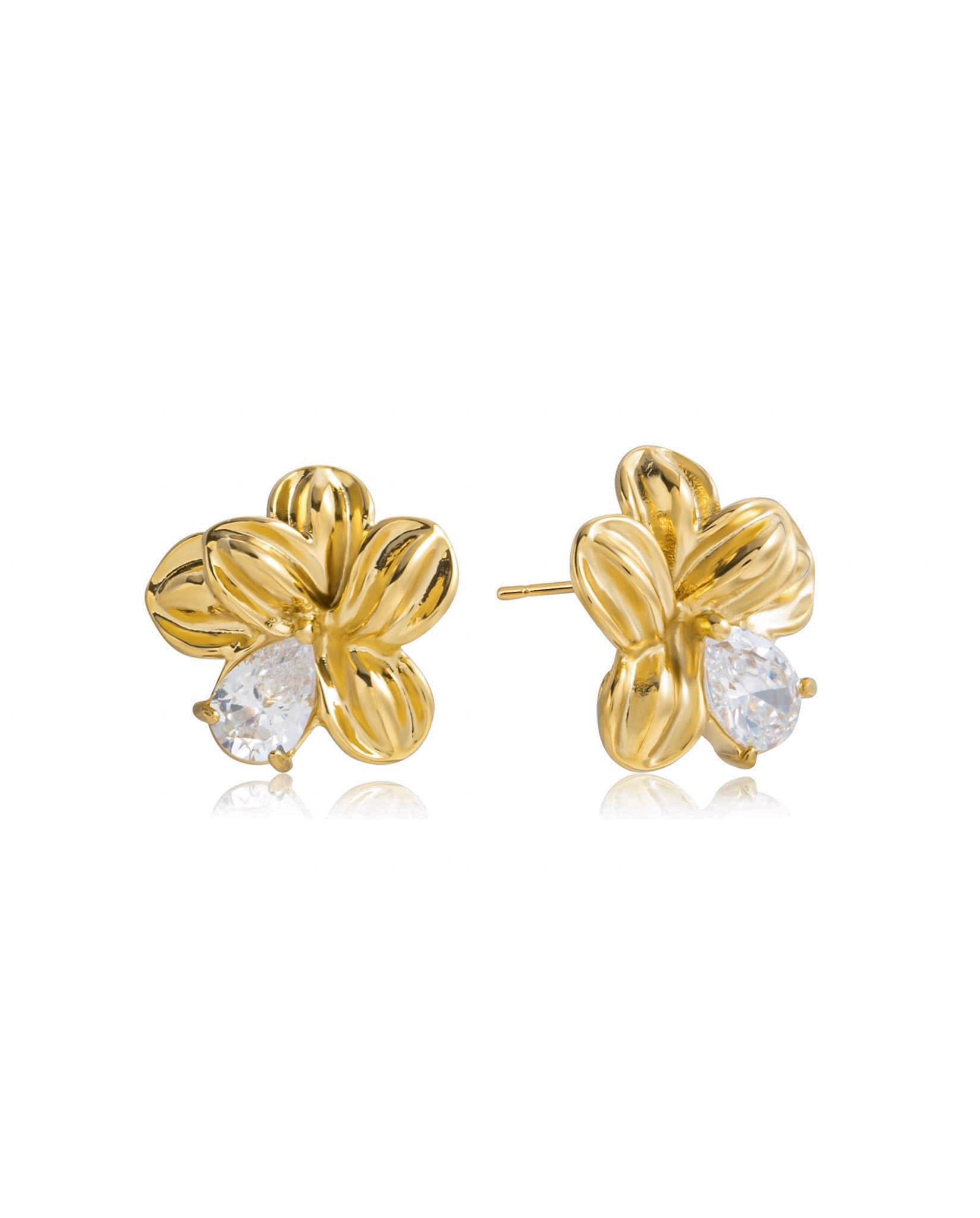 Gold-plated flower earrings with teardrop crystal, Crystal Teardrop Flower Earrings
