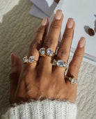 Gold-plated emerald-cut crystal ring with clear cubic zirconia stones worn on hand - Emerald Cut Crystal Ring