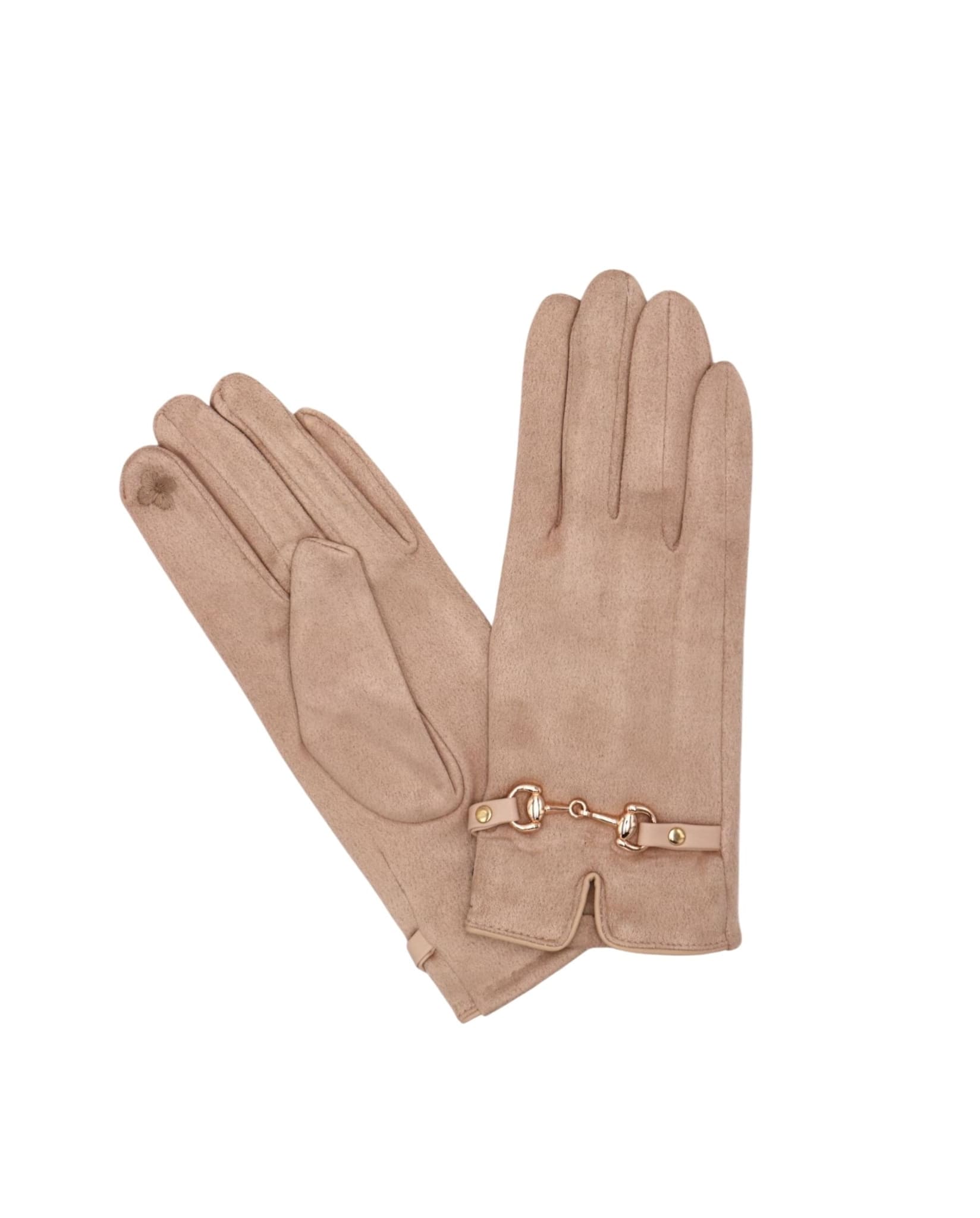 Gold Buckle Gloves In Beige