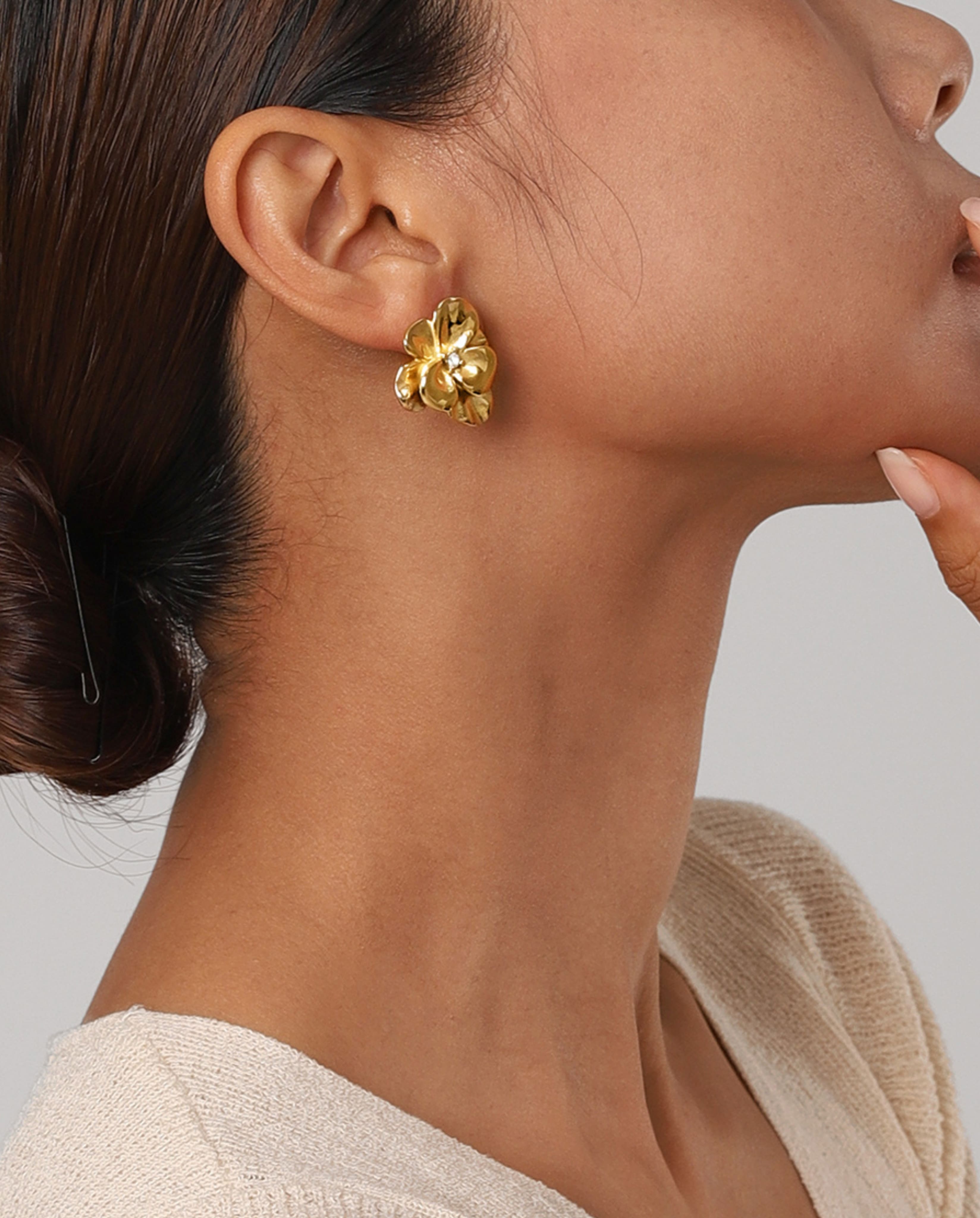 Gold-plated floral stud earrings with smooth sculpted petals and crystal accent - Crystal Teardrop Flower Earrings