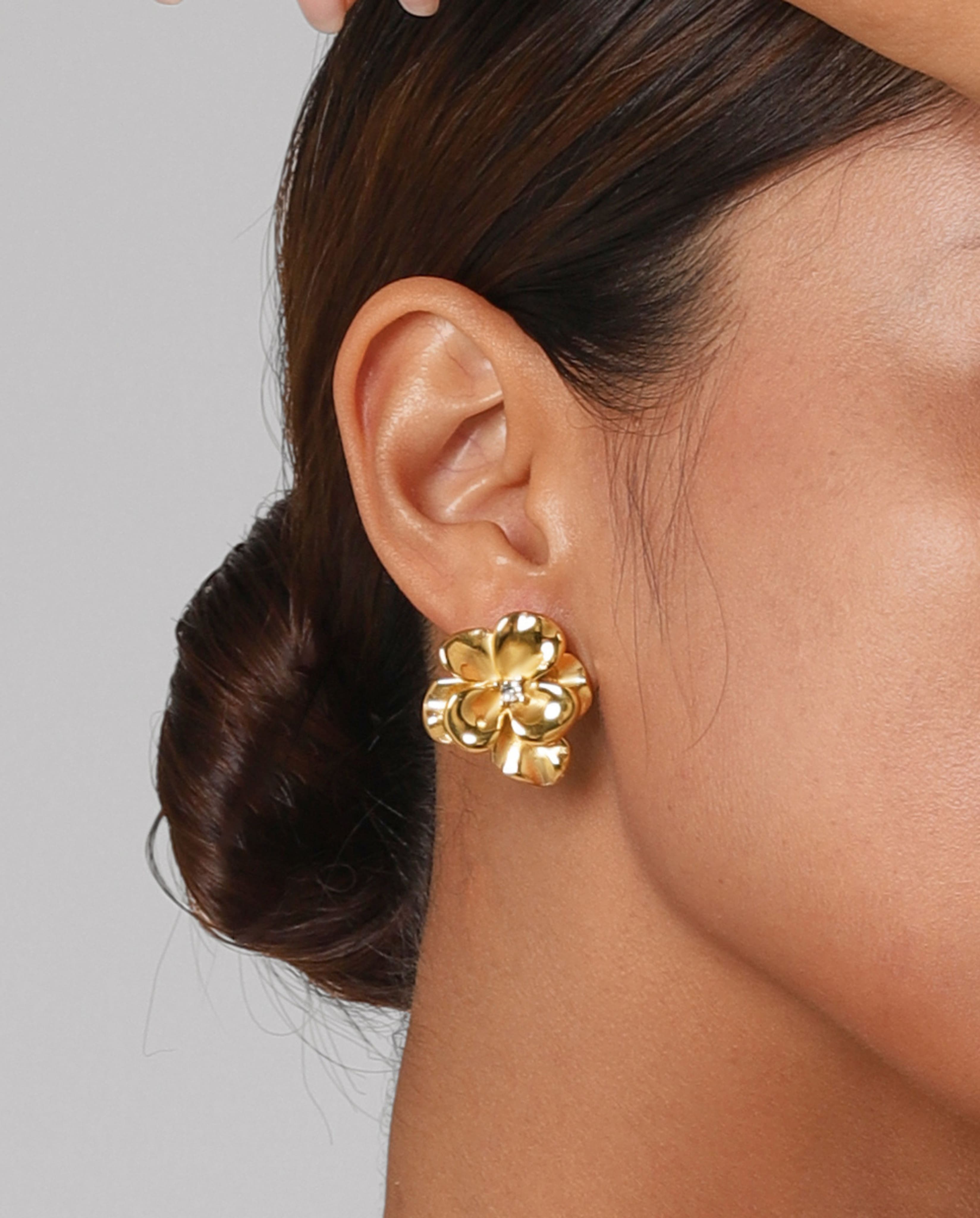 Gold-plated flower stud earrings with sculpted petals and crystal detail - Crystal Teardrop Flower Earrings