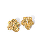 Gold-plated flower stud earrings with polished finish and crystal center - Crystal Teardrop Flower Earrings