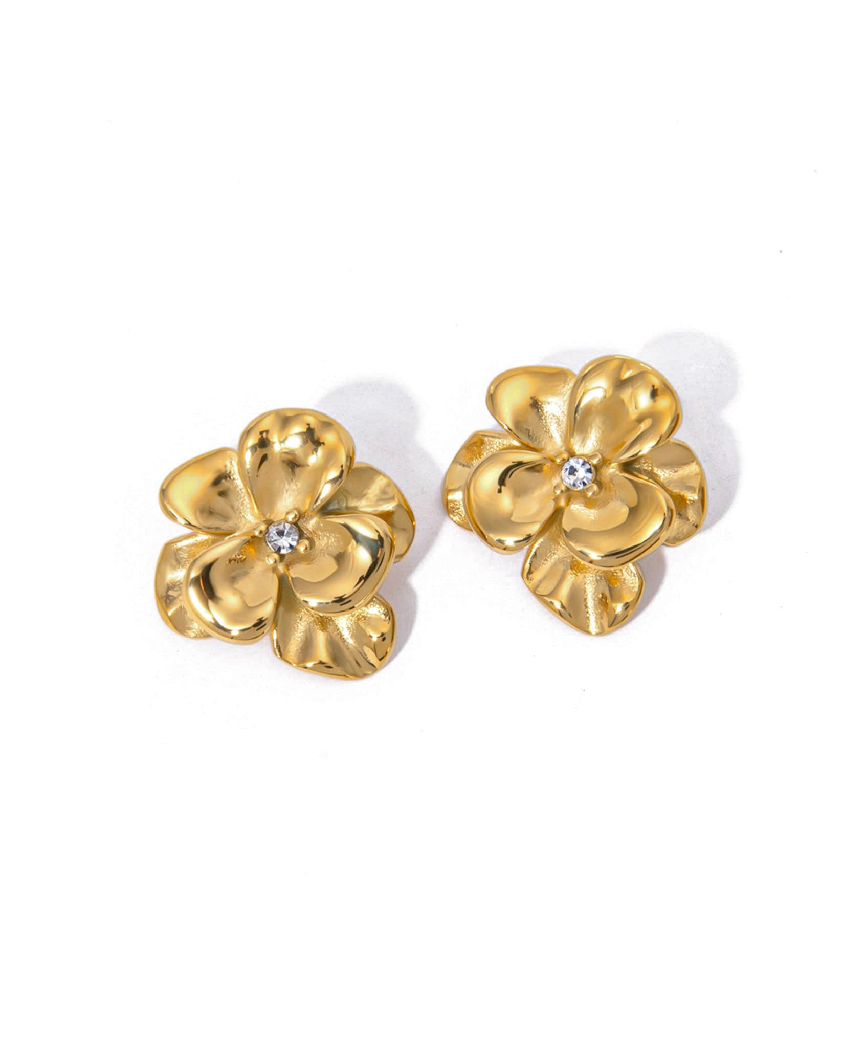 Gold-plated flower stud earrings with polished finish and crystal center - Crystal Teardrop Flower Earrings