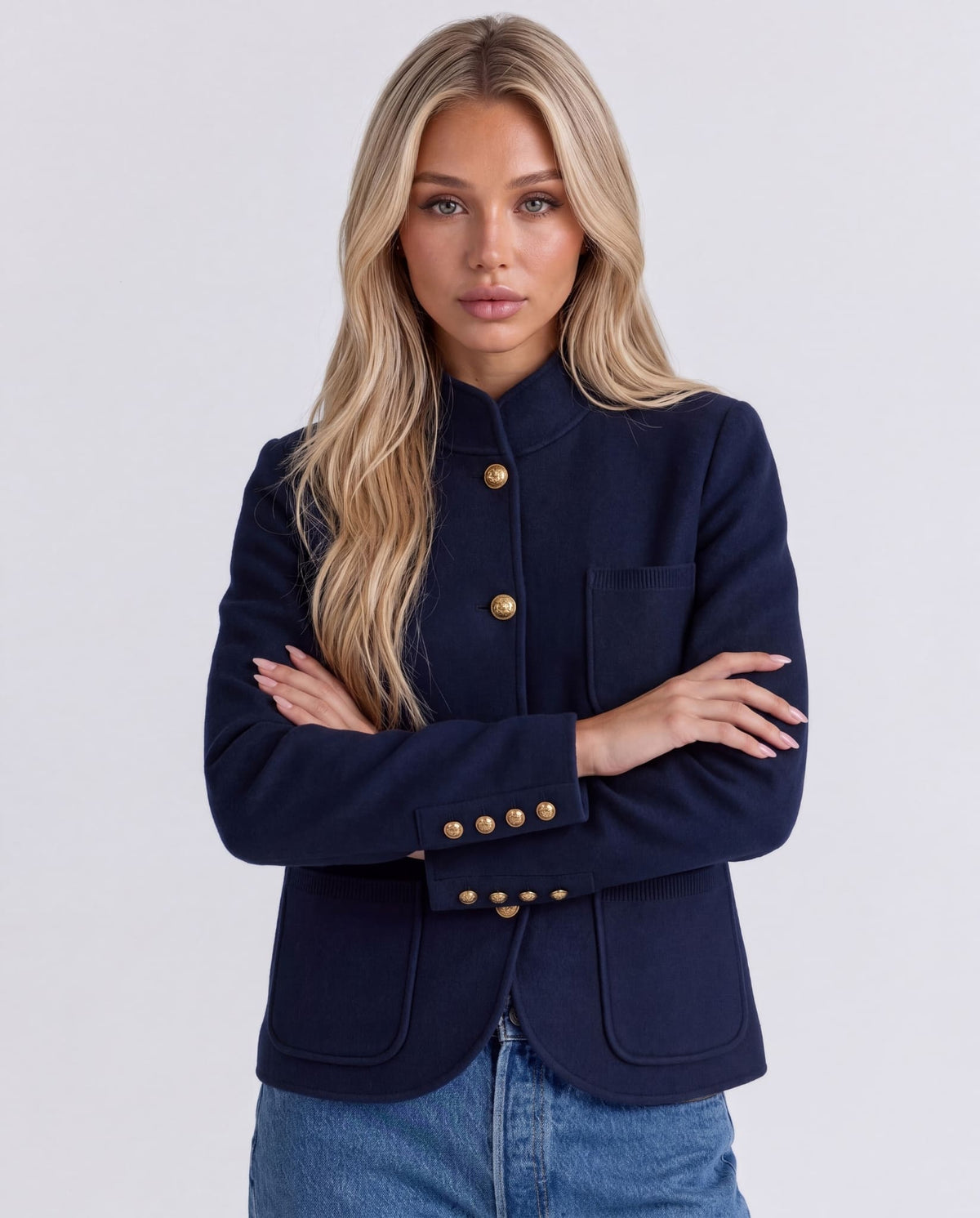 Heritage Knit Jacket in Navy styled with blue jeans.