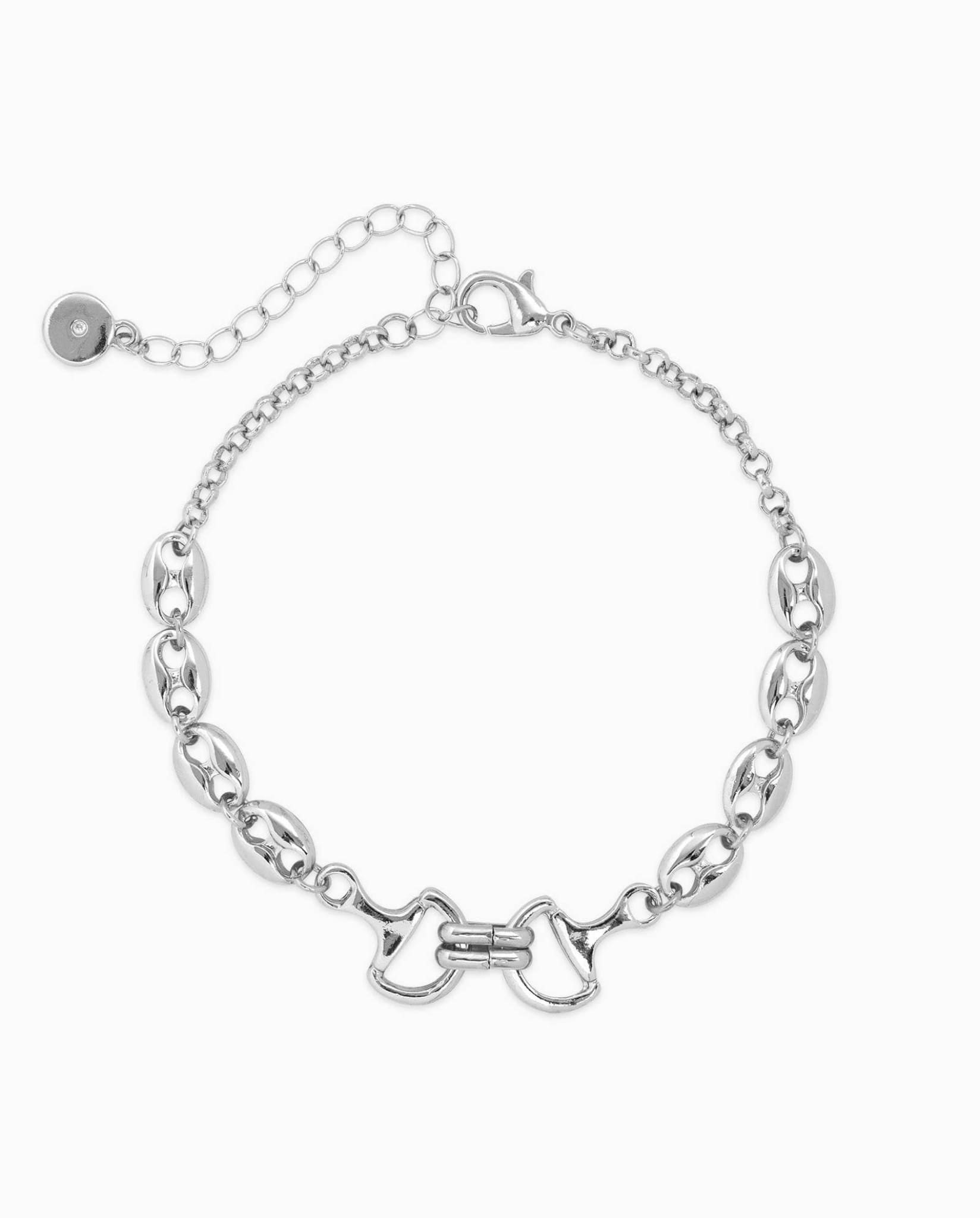 Silver horse bit chain bracelet with oval links and adjustable extender chain.