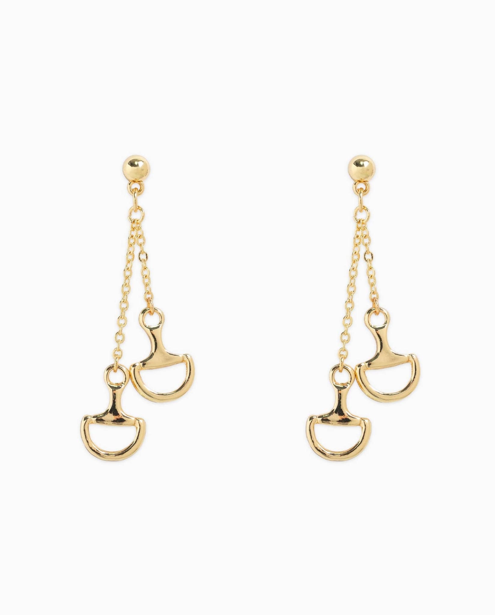 Gold horse bit dangle earrings with double pendants and delicate chains.