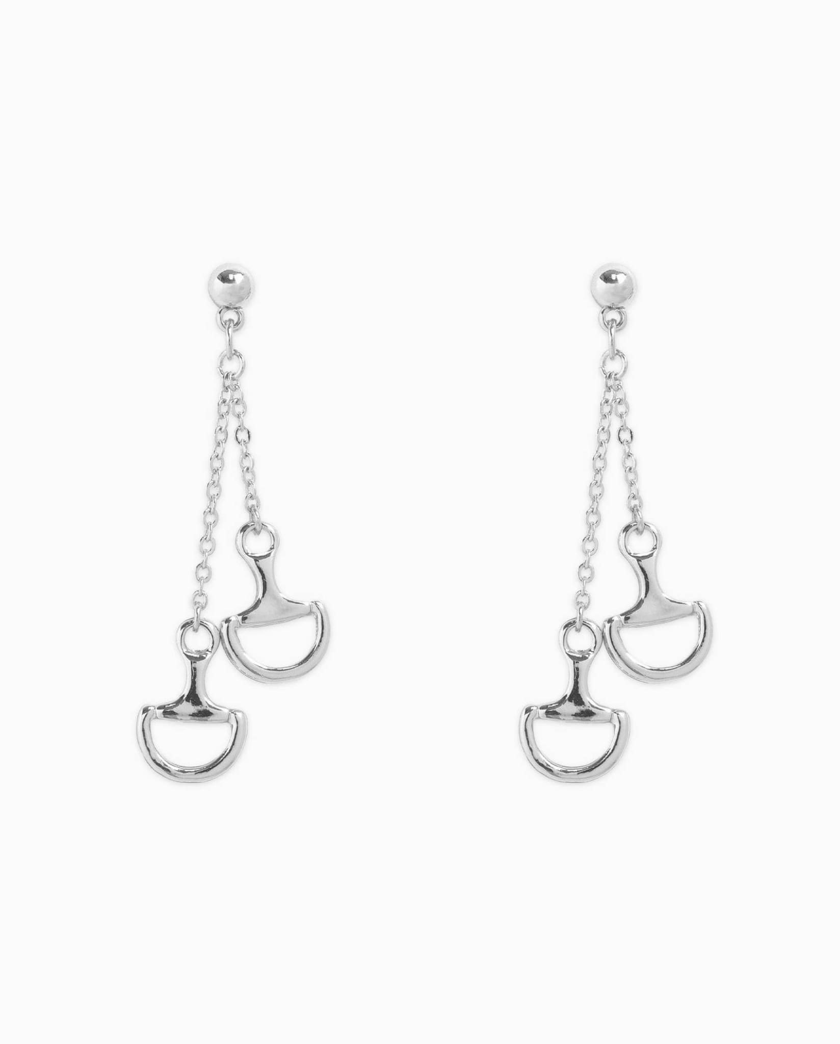 Silver horse bit dangle earrings with double pendants and chain details.