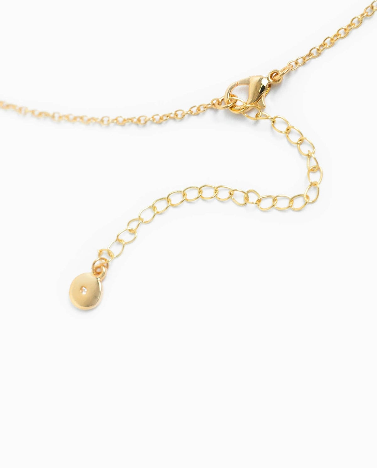 Gold horse bit drop necklace with adjustable chain and lobster clasp.