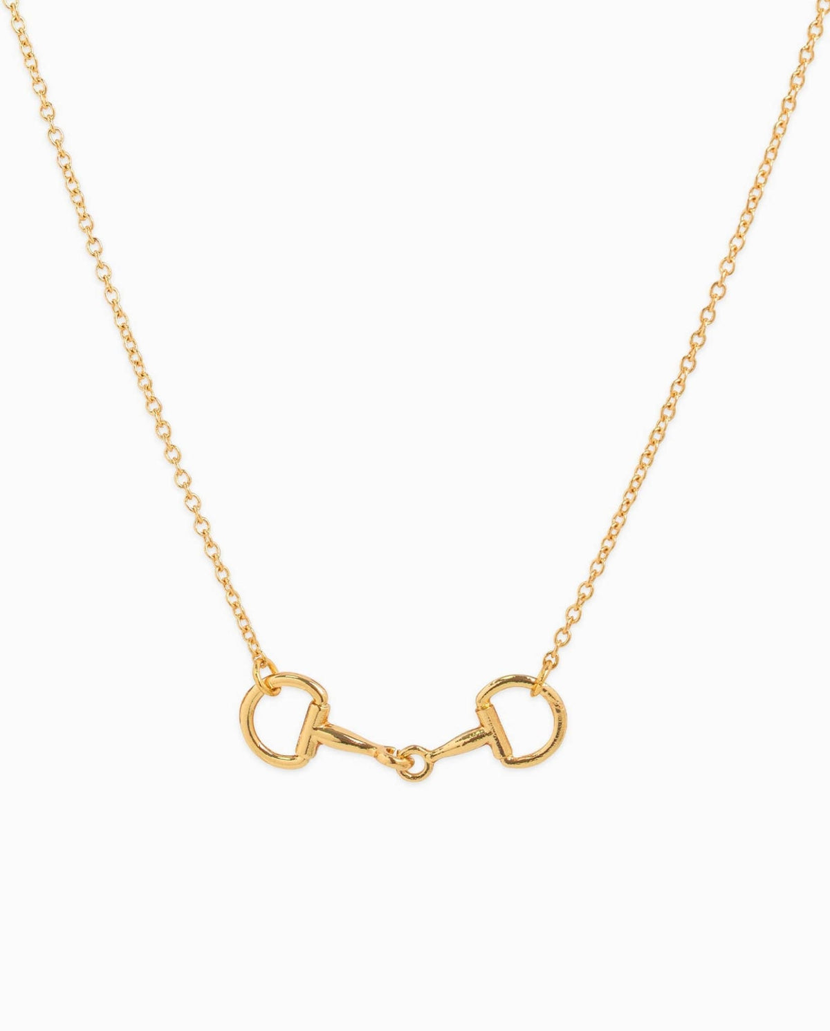 Gold chain necklace with horse bit pendant on white background.