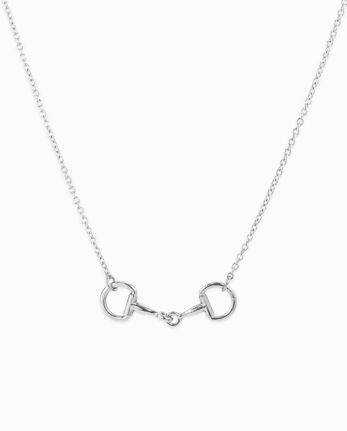 Silver chain necklace with horse bit pendant on white background.