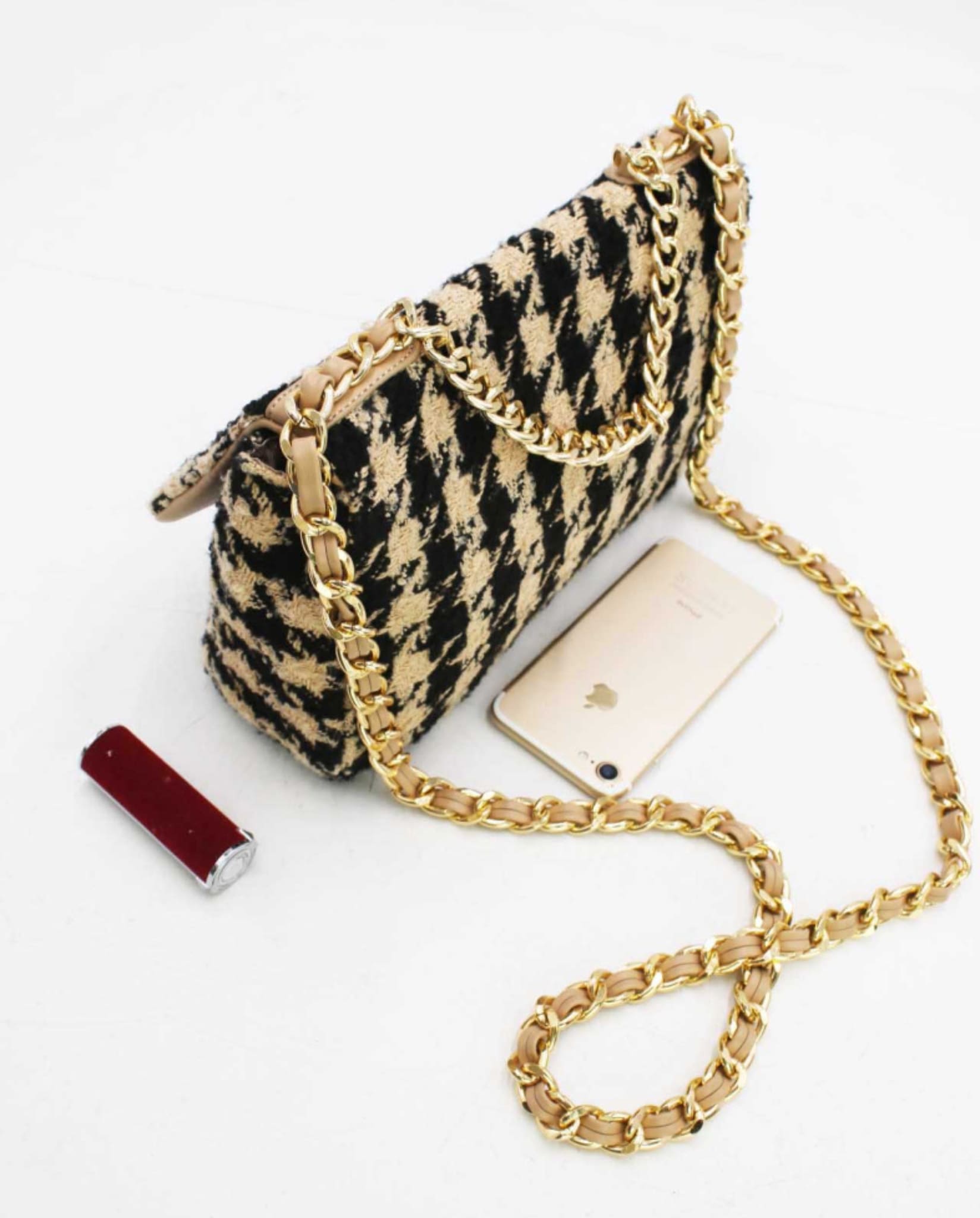 Houndstooth Tweed Crossbody Bag Beige