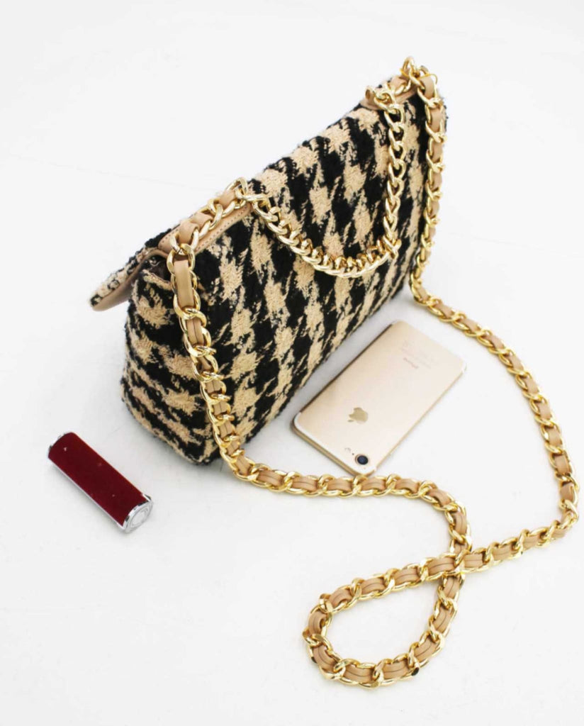 Houndstooth Tweed Crossbody Bag Beige