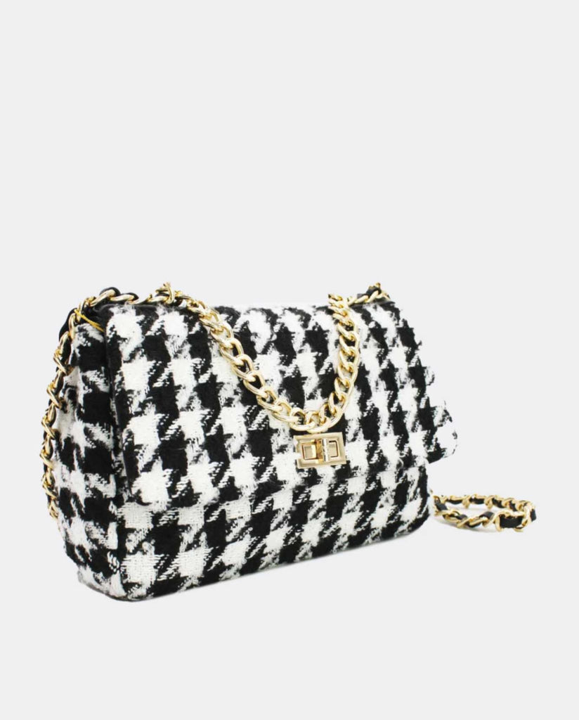 Houndstooth Tweed Crossbody Bag Black