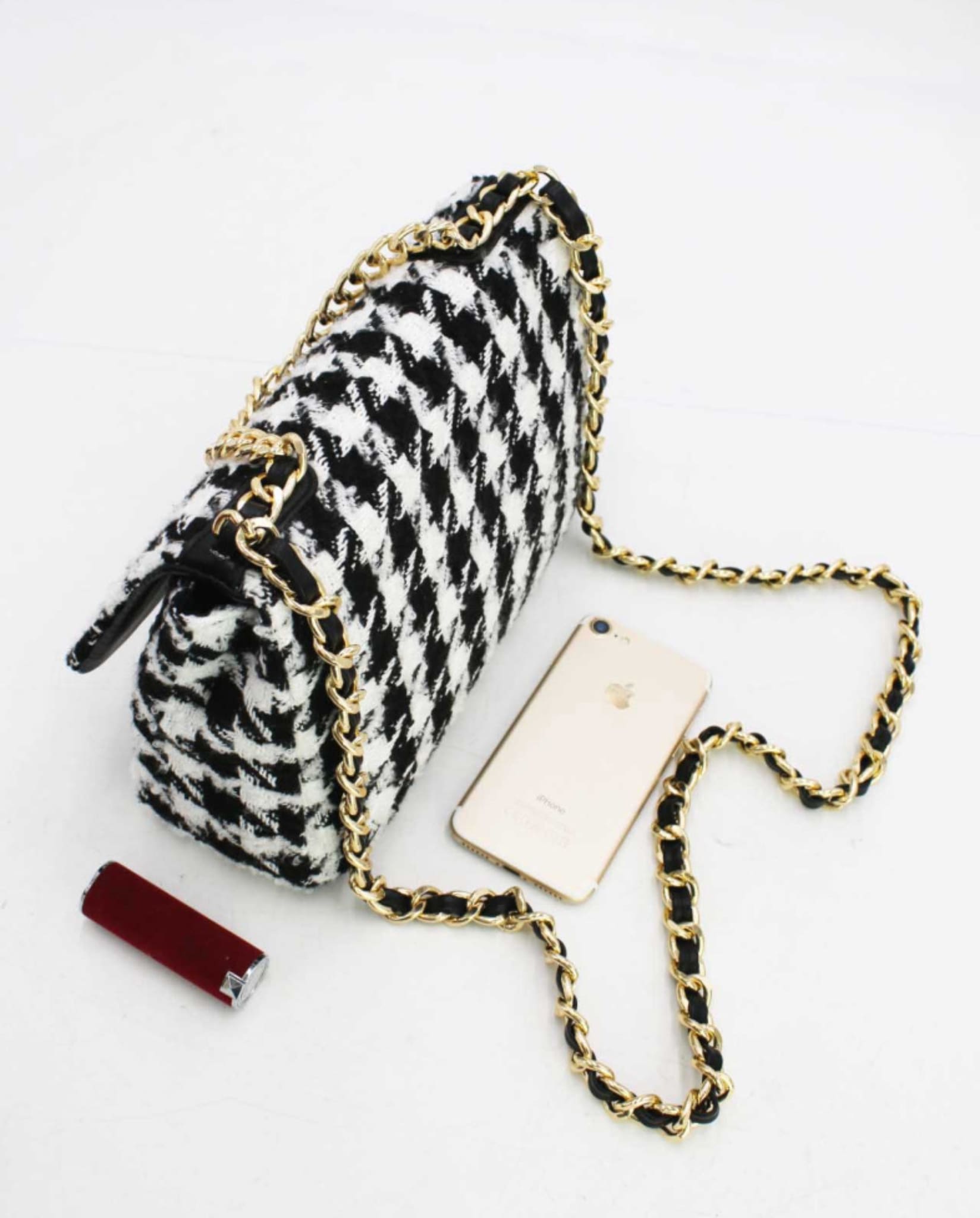 Houndstooth Tweed Crossbody Bag Black