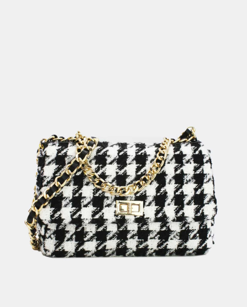 Houndstooth Tweed Crossbody Bag In Black