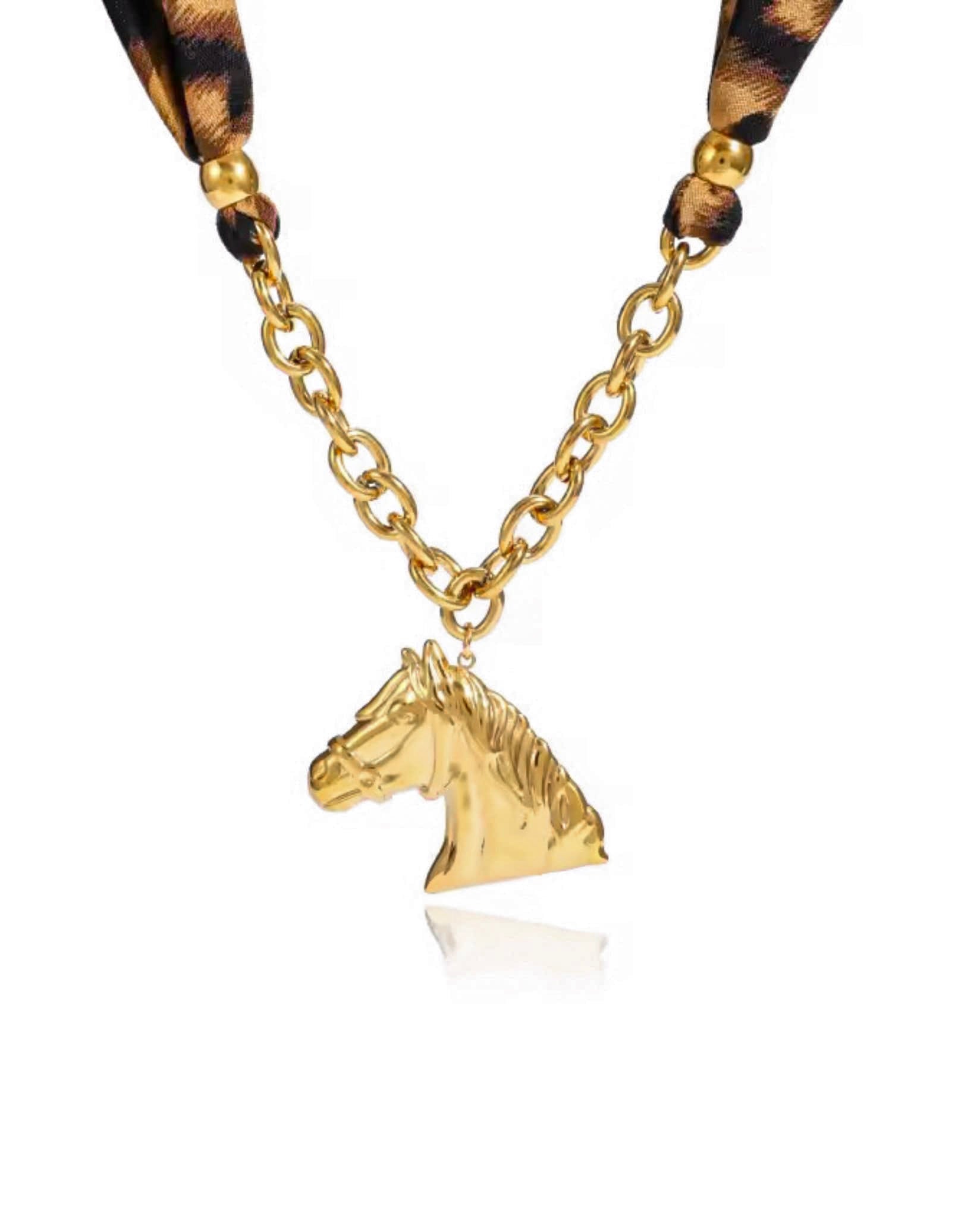 Gold-plated statement necklace with horse head pendant - Leopard Statement Horse Necklace