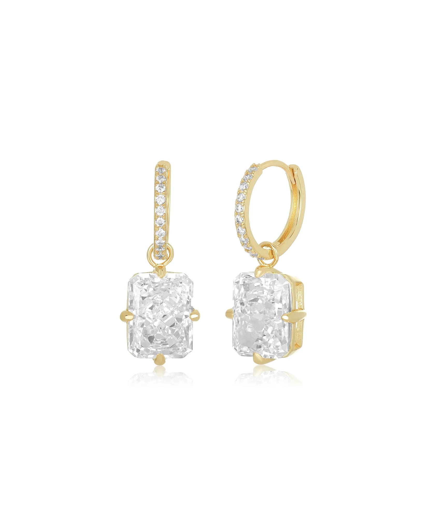 Pair of gold radiant cut drop earrings with pavé details and elegant shine.