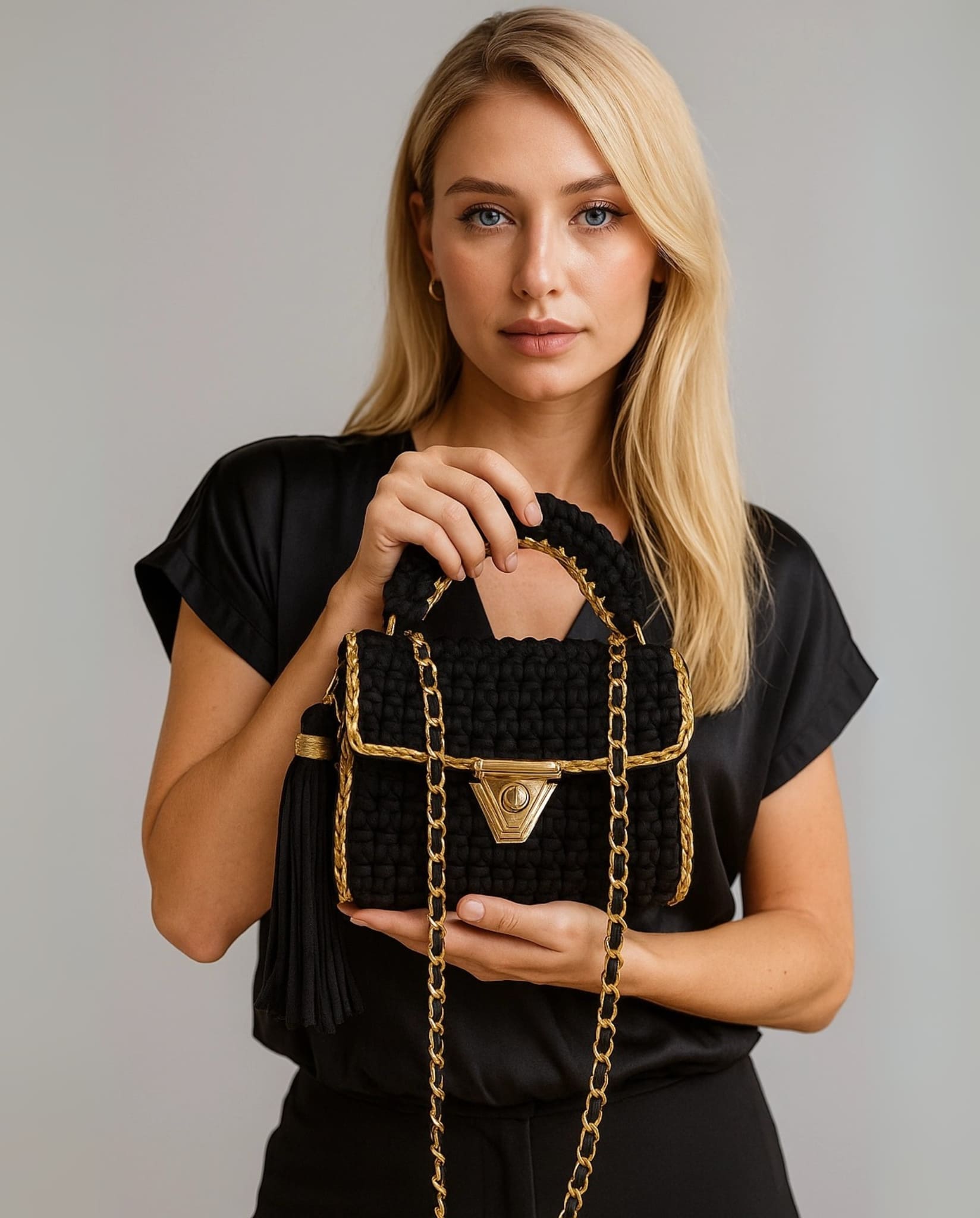 Model showcasing the noir chic crochet bag from Coventina Collection