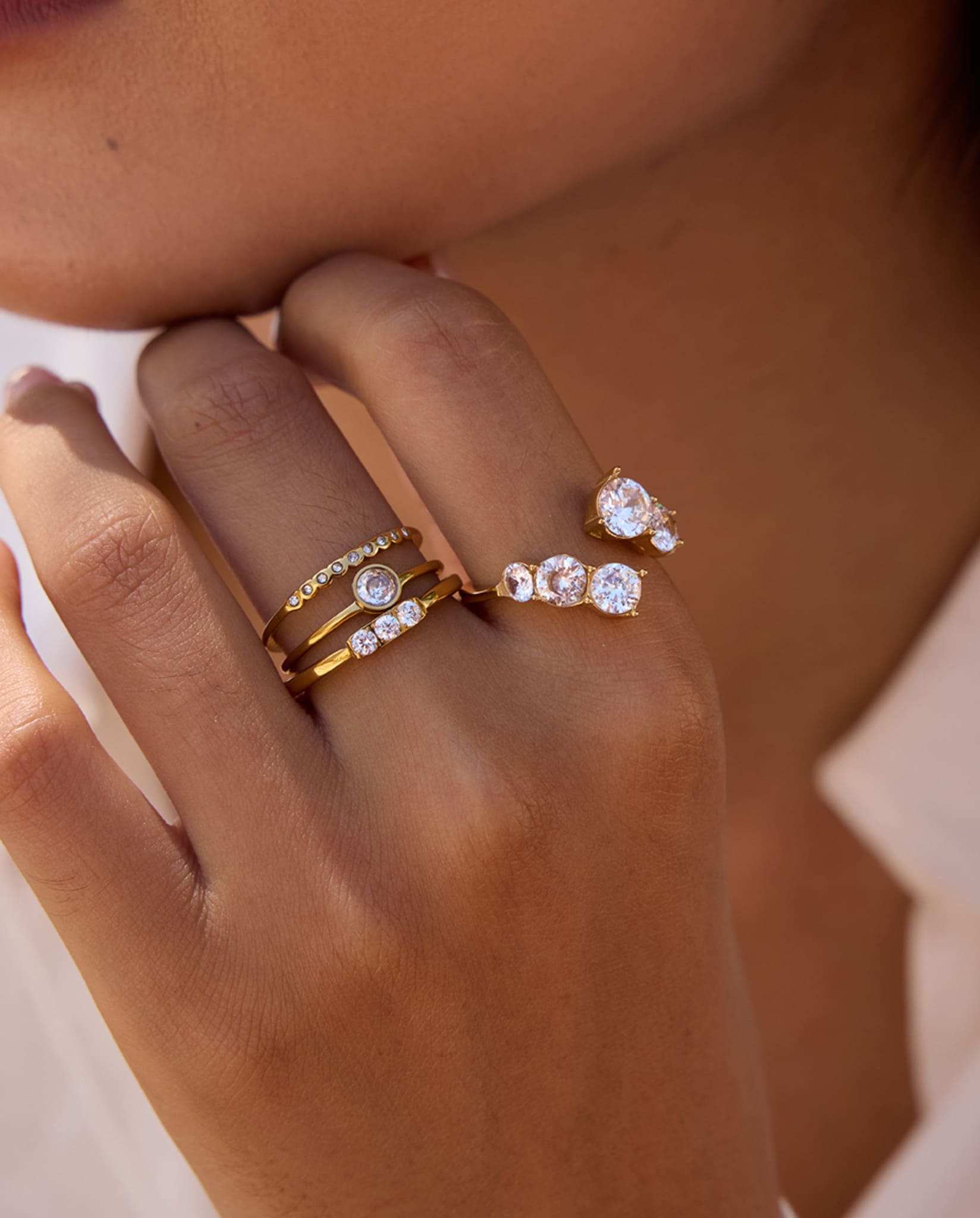 Open gold-plated ring with three round crystals – Open Crystal Ring