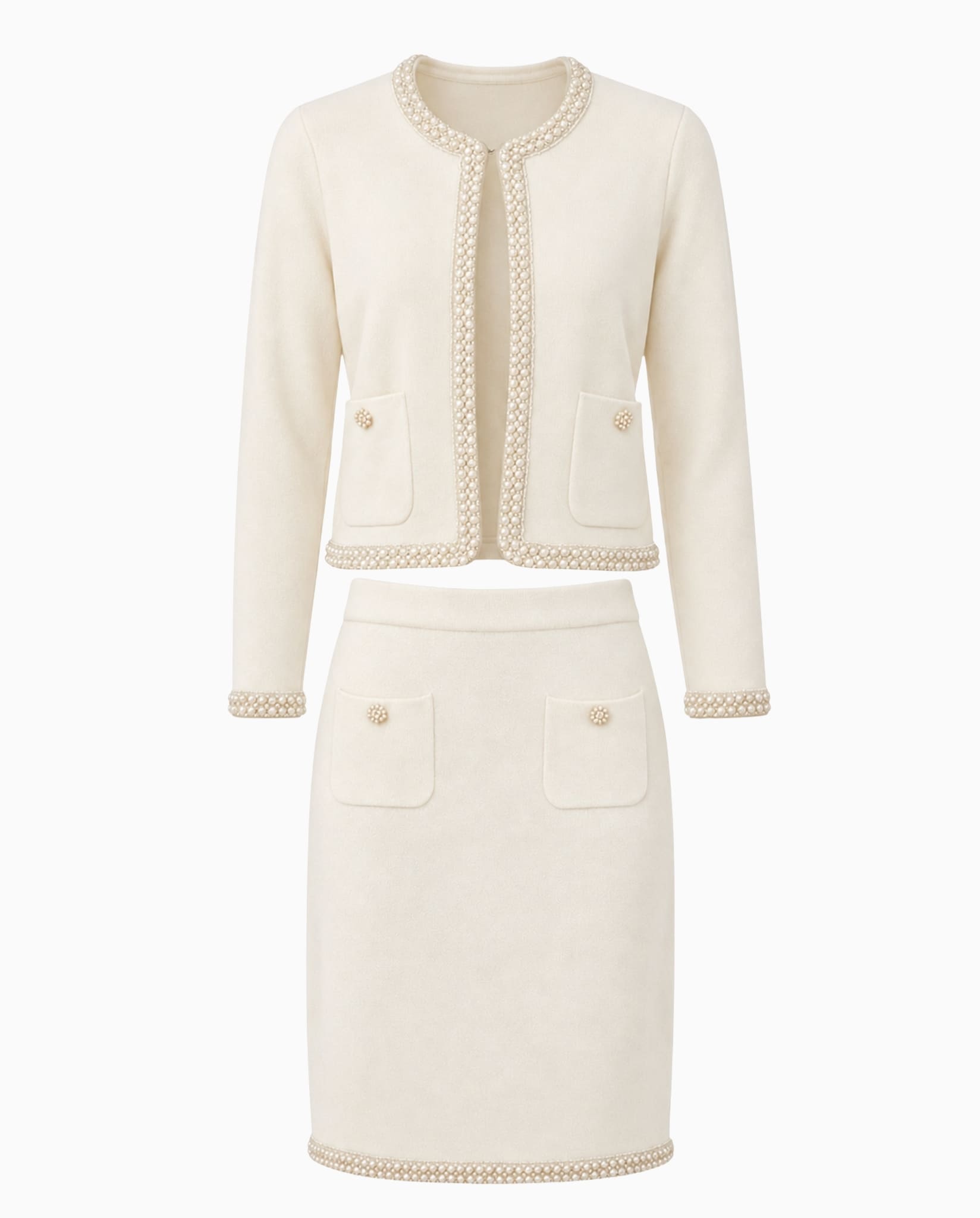 Ivory pearl trim knit jacket and skirt set with front pockets.