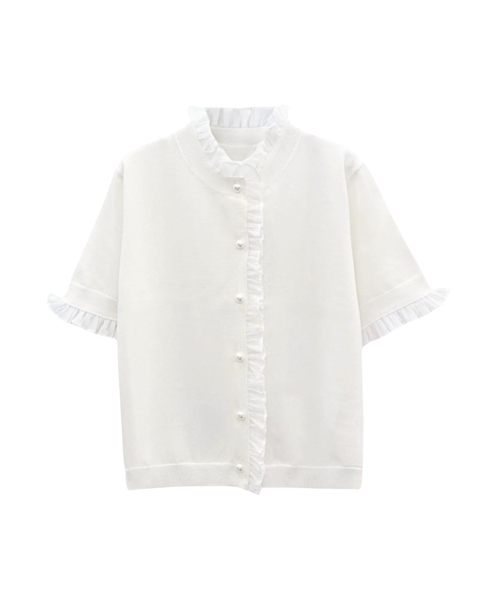 Short sleeve knit top in white with ruffle details and pearl buttons.