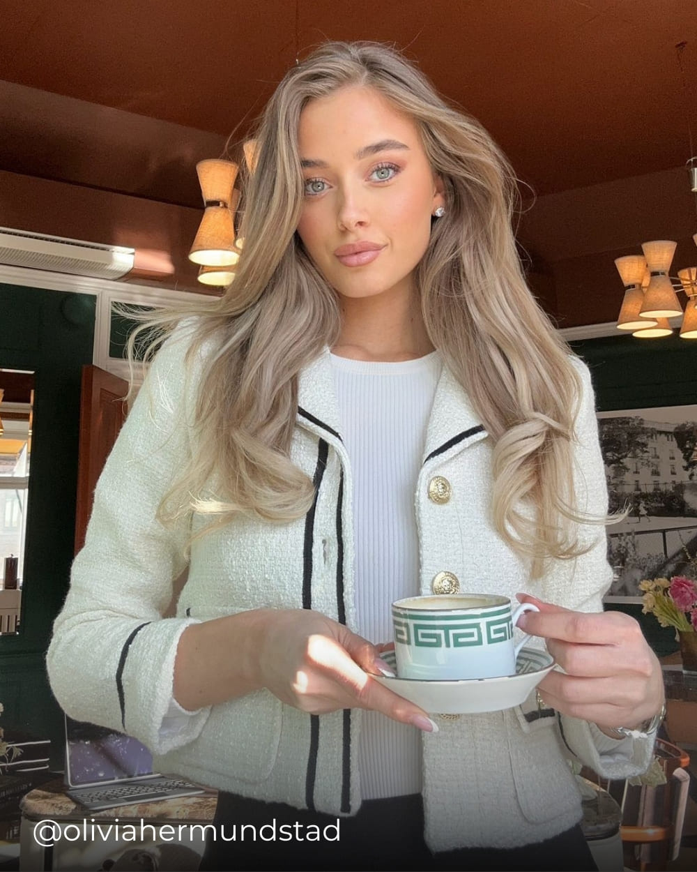 Olivia wearing a classic tweed jacket from Coventina Collection