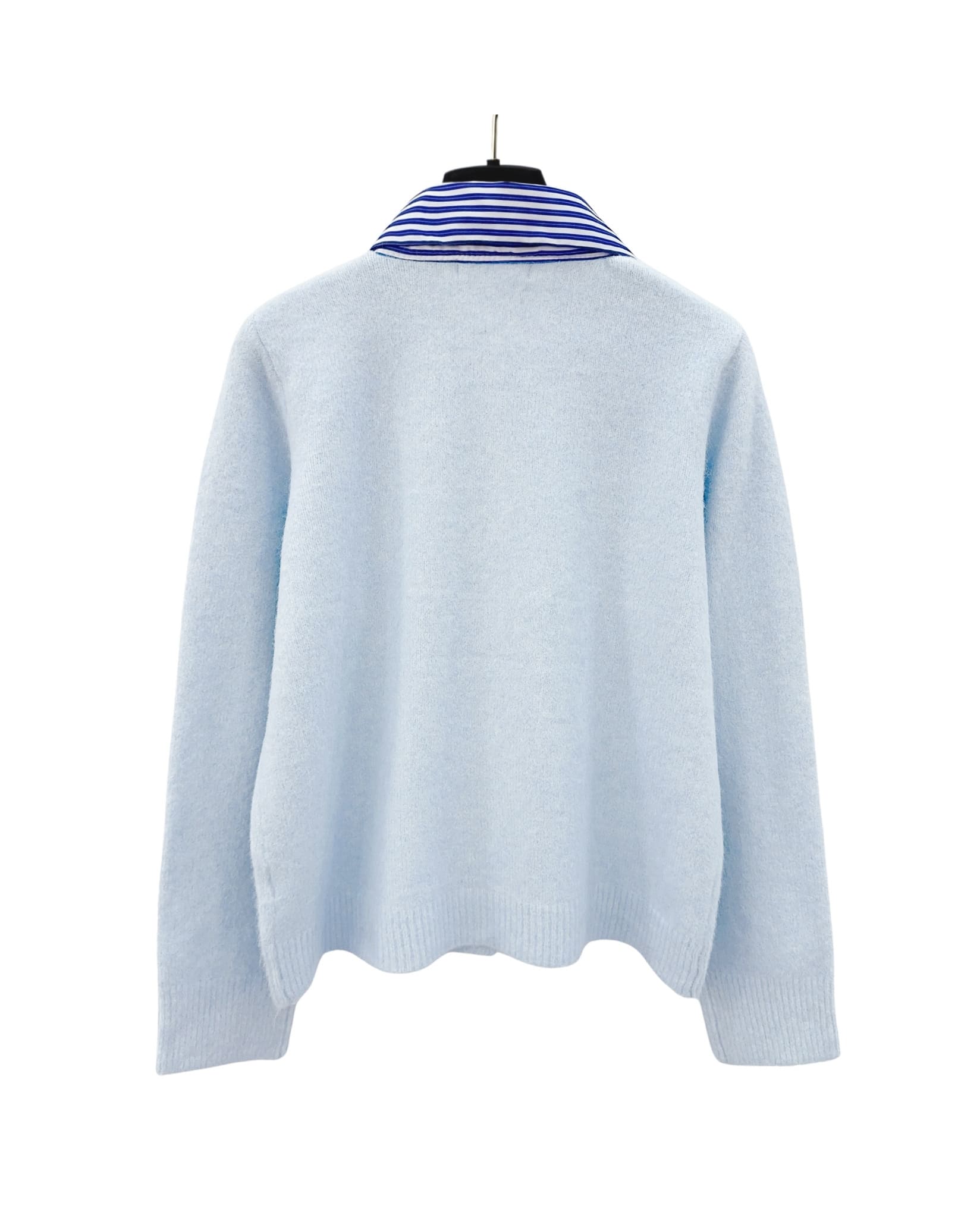 Back view of the striped collar cardigan in blue, showing soft knit fabric.