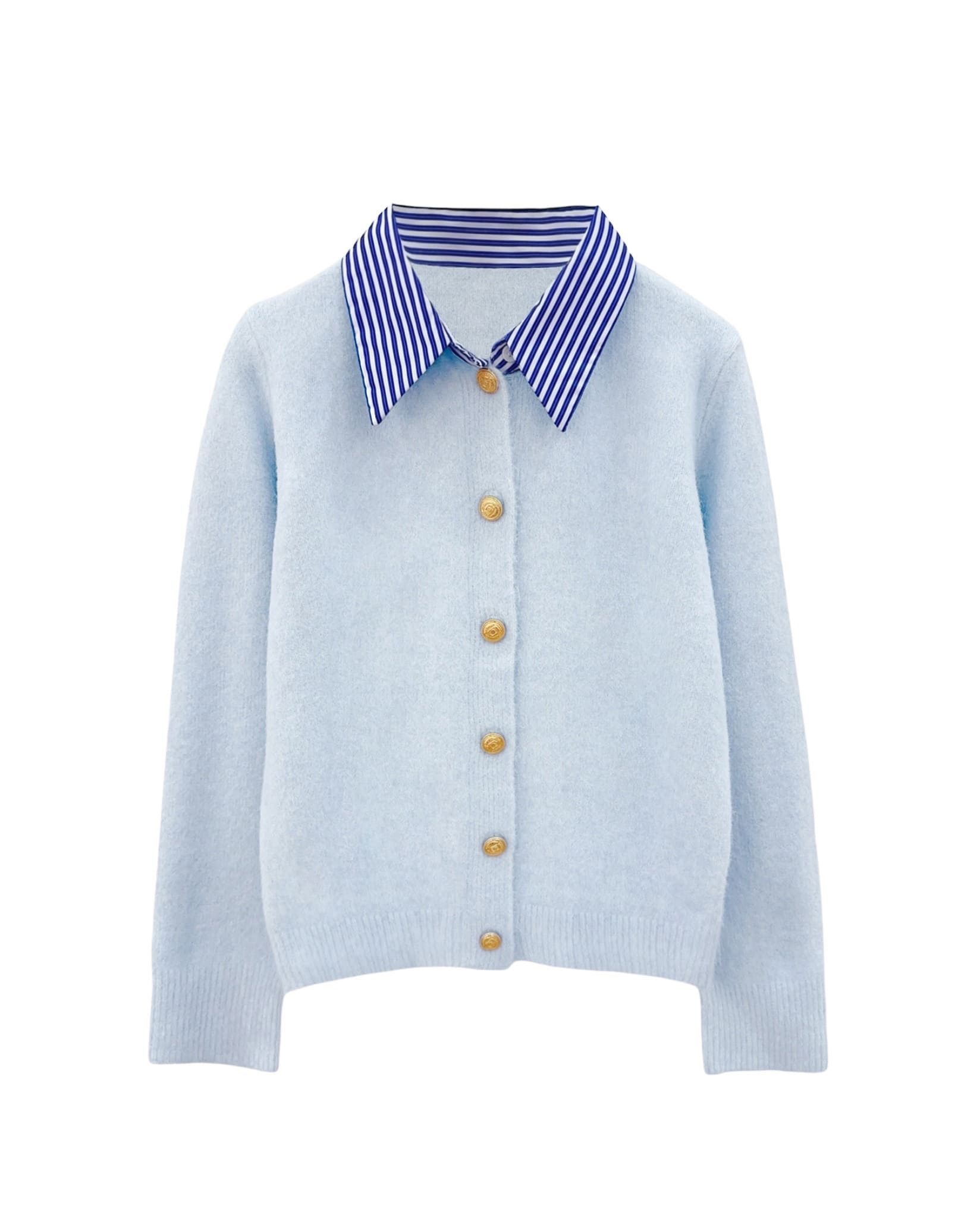 Striped collar cardigan in blue displayed flat with gold button details for women.