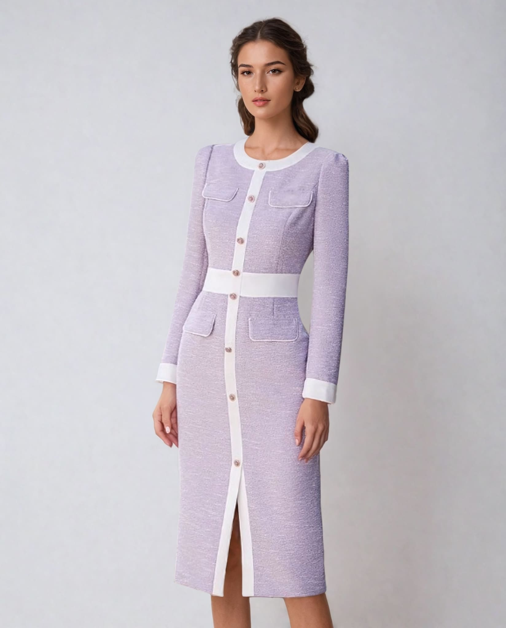 Textured Midi Dress With Contrasting Trim