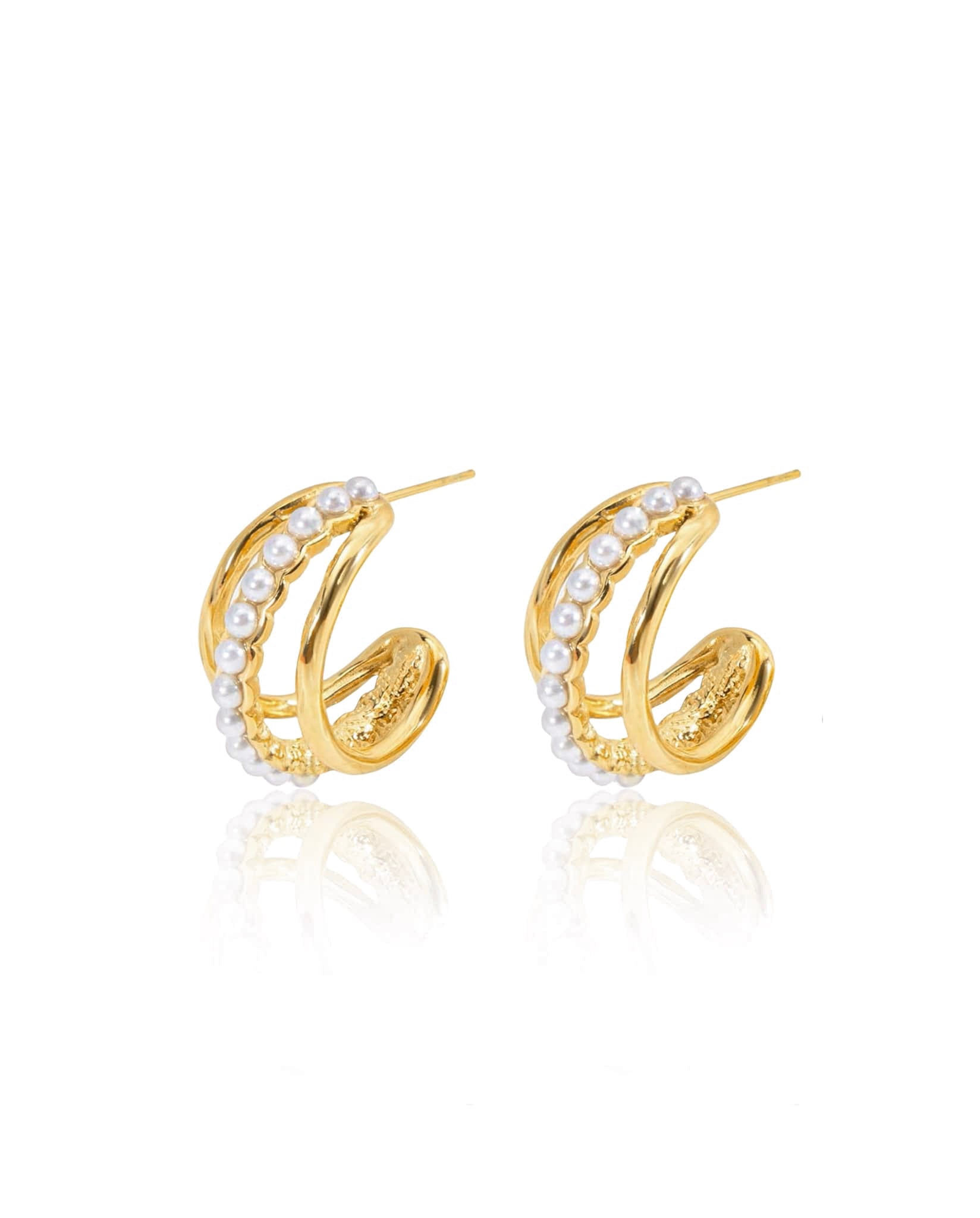 Gold stainless steel hoop earrings triple design with pearl detail – Triple Hoop Pearl Earrings