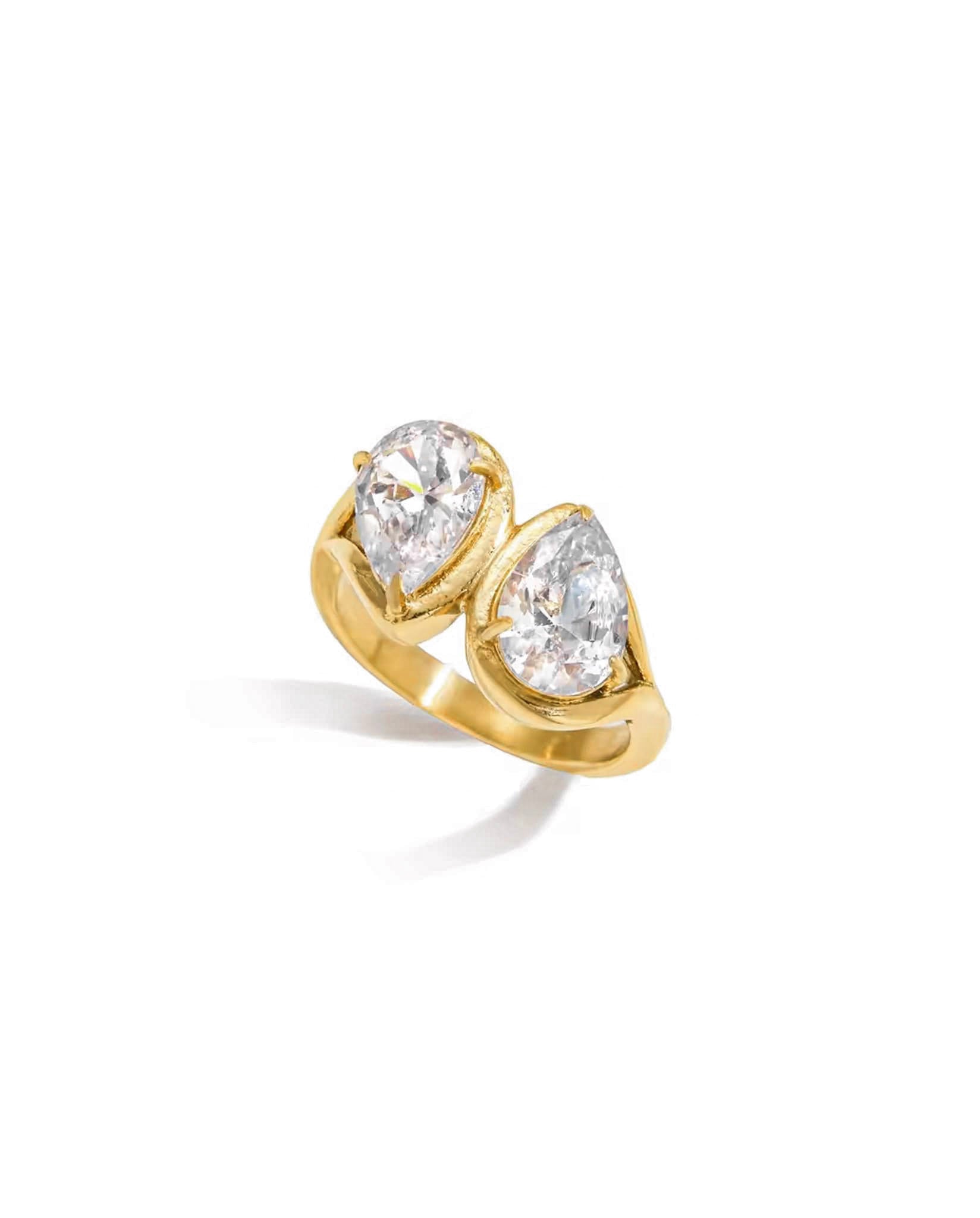 Gold-plated teardrop ring with twin cubic zirconia stones - Twin Teardrop Sparkle Ring