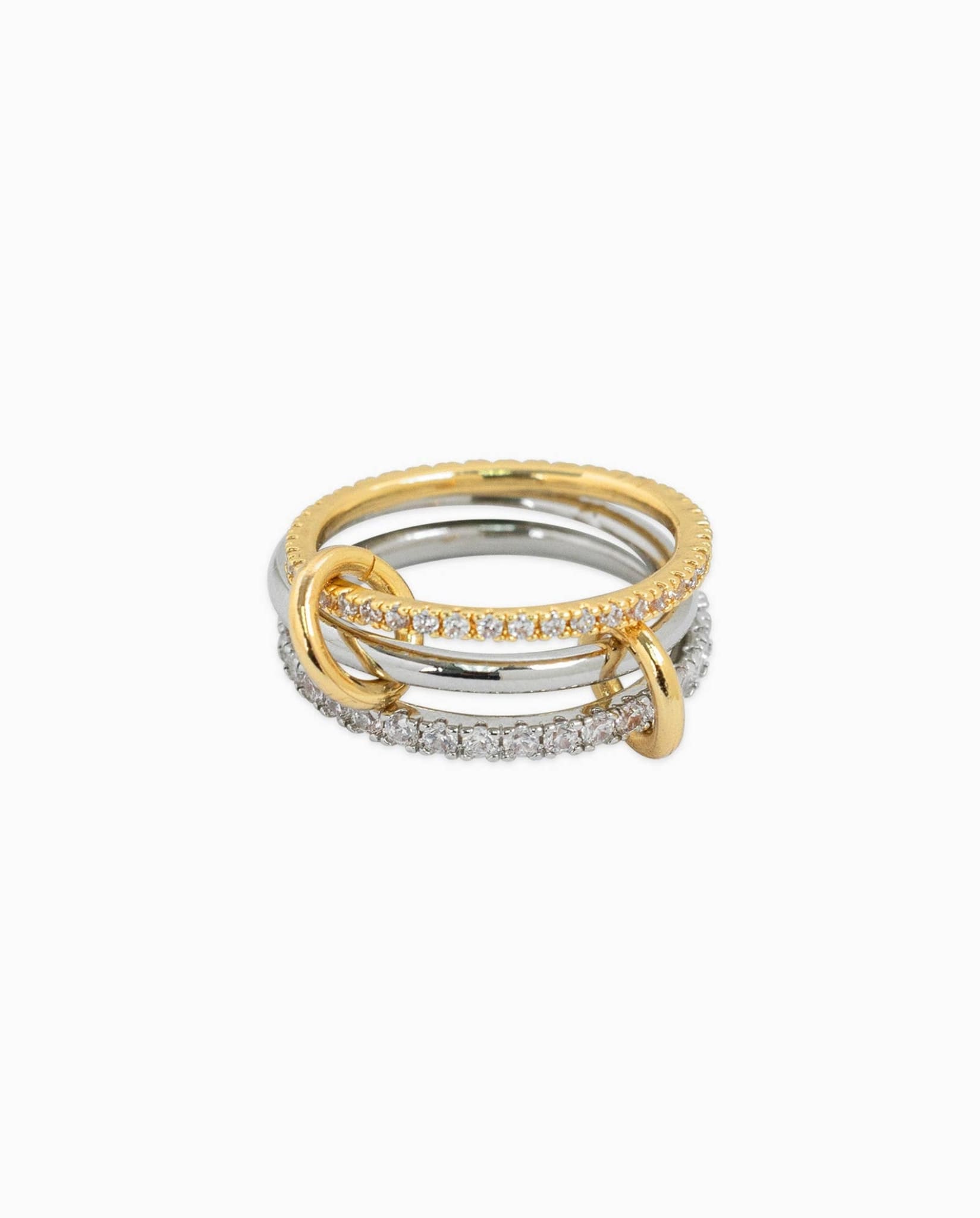 Two-tone interlocking ring with gold and silver-tone bands and sparkling pavé detailing.