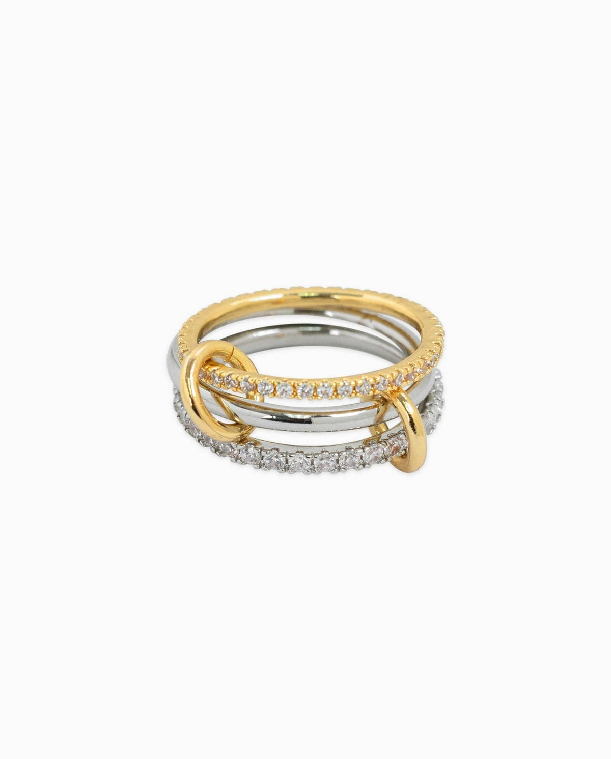 Two-tone interlocking ring with gold and silver-tone bands and sparkling pavé detailing.