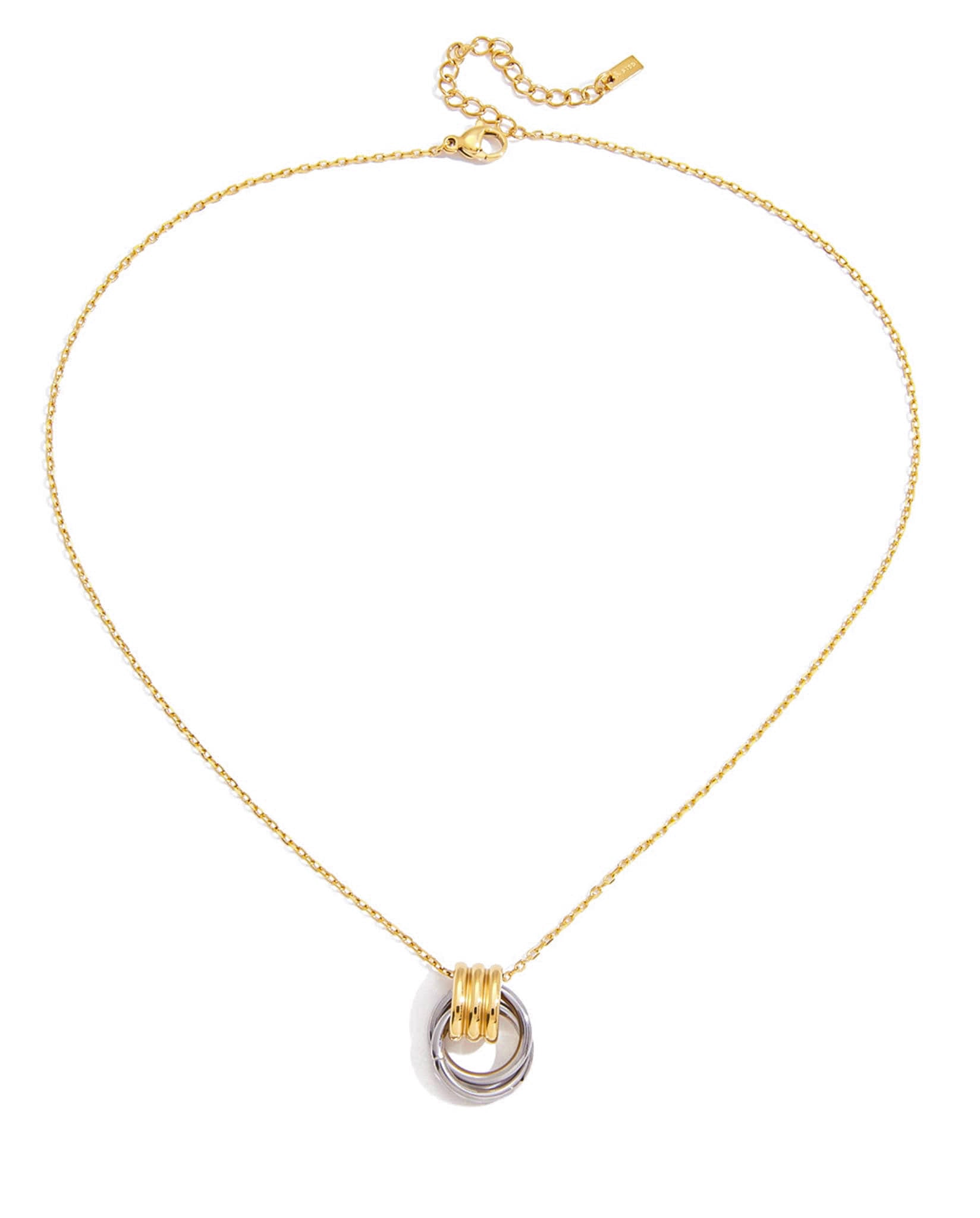 Two-tone pendant necklace with layered gold and silver rings - Two-Tone Knot Necklace