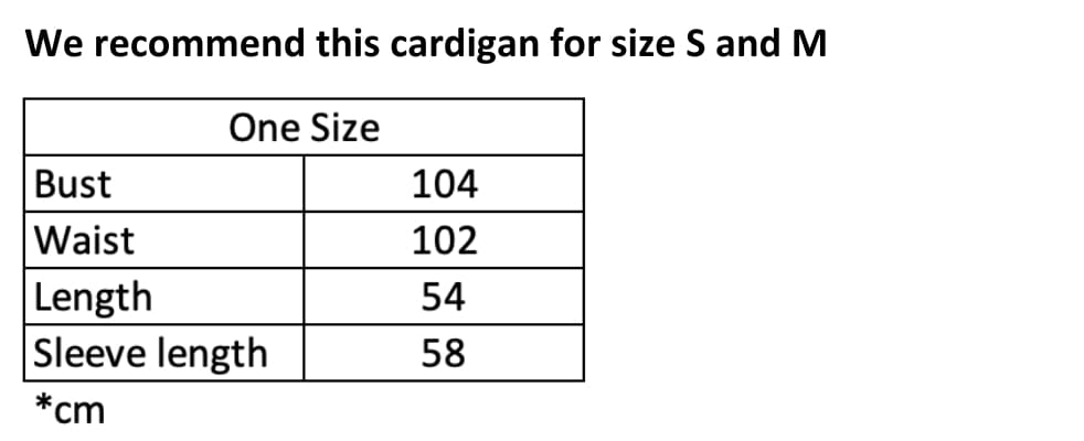 Double Breasted Cardigan Size Chart