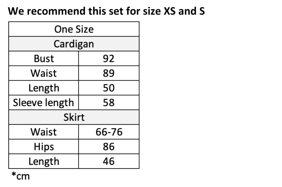 Embellished Skirt Set Size Chart