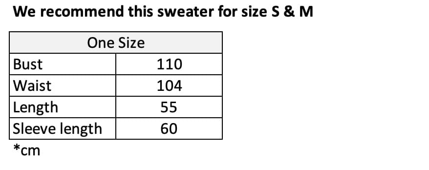 Golden heart cardigan size chart.