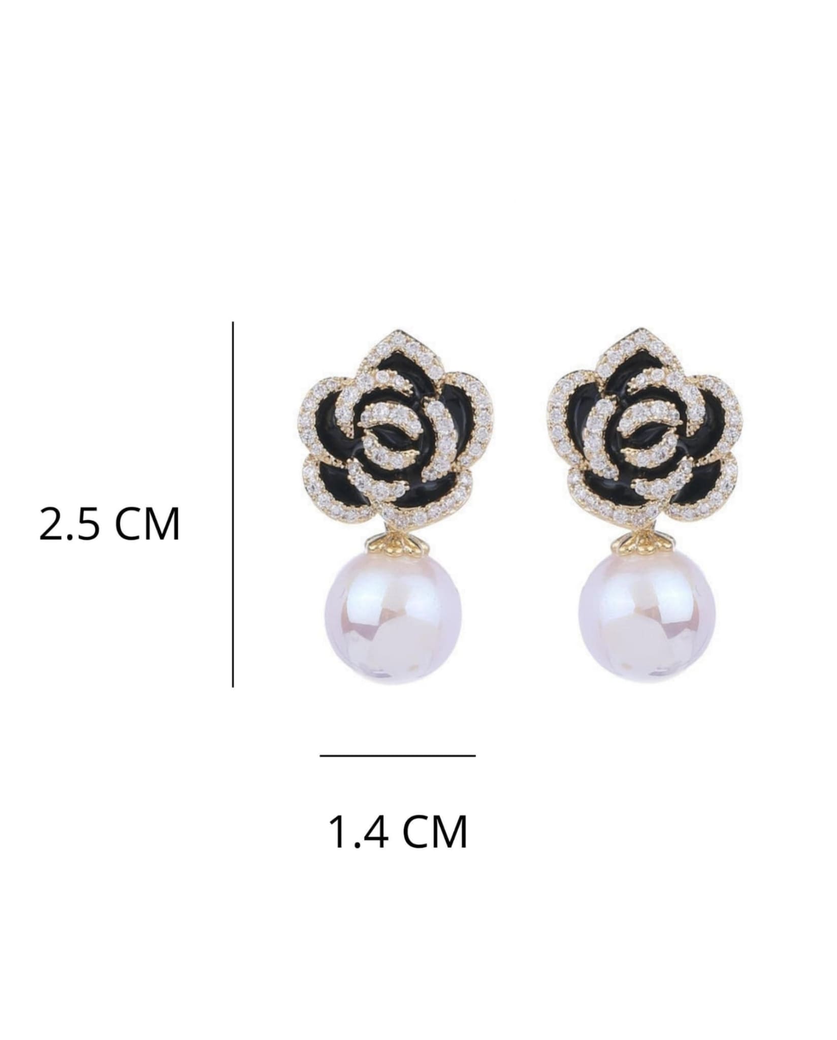 Black Camellia Flower Pearl Earrings Size