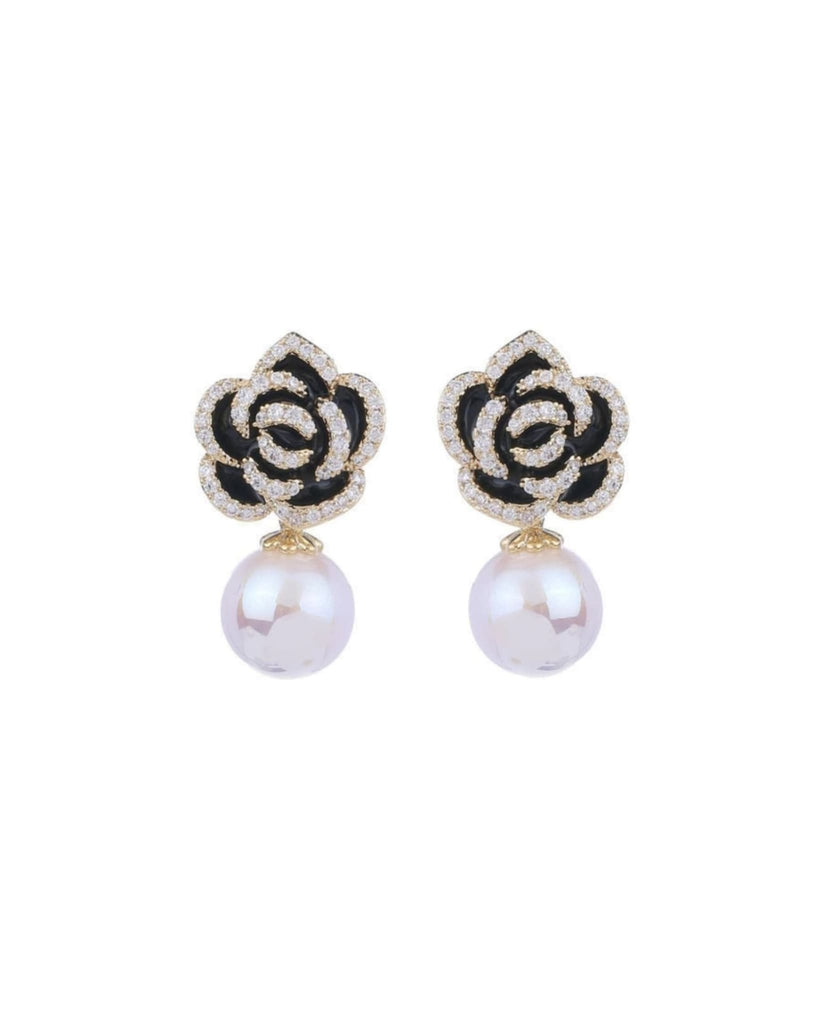 Black Camellia Flower Pearl Earrings