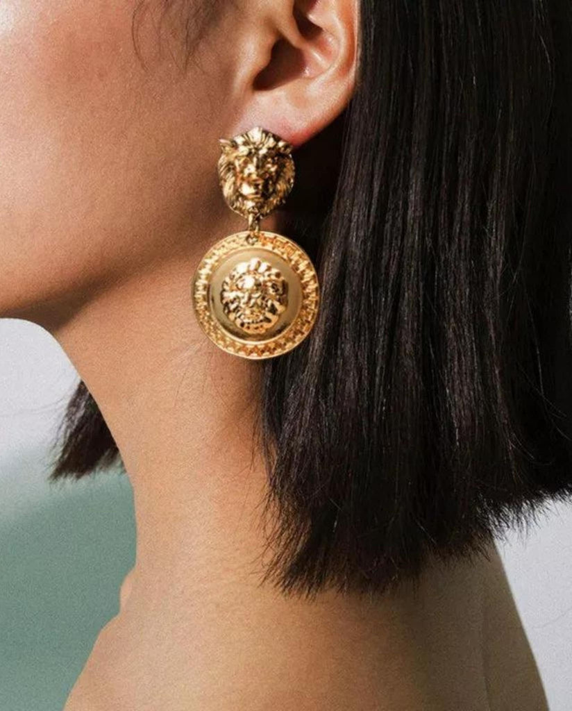 Lion Head Statement Earrings Gold