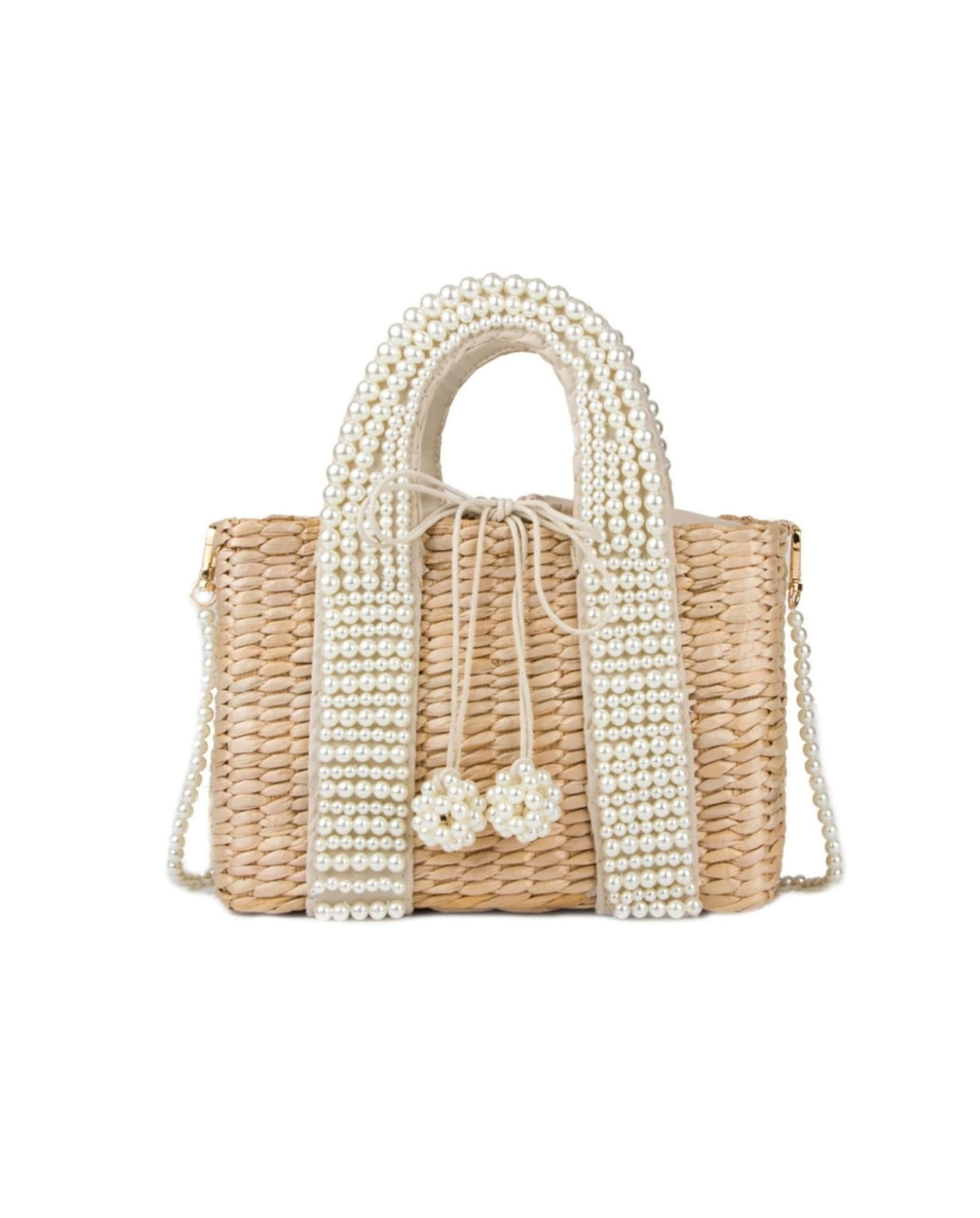 Straw Bag With Pearl Handles